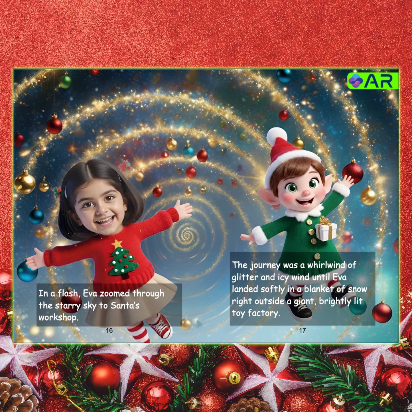 Christmas-themed book page with a child and elf character, surrounded by festive decorations. Page come to life using AR.