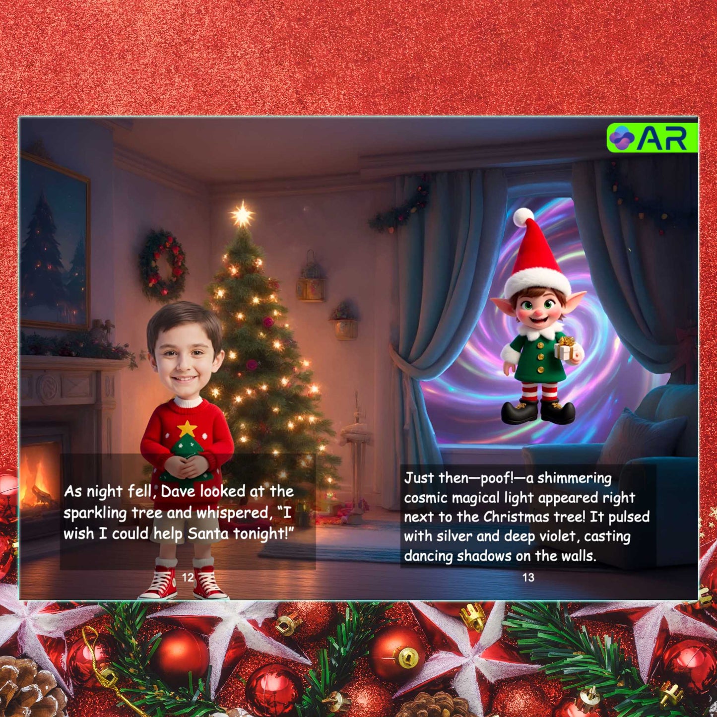 Christmas-themed scene with a child, elf, and animated character in a room decorated for Christmas. Augmented Reality Book. AR Book