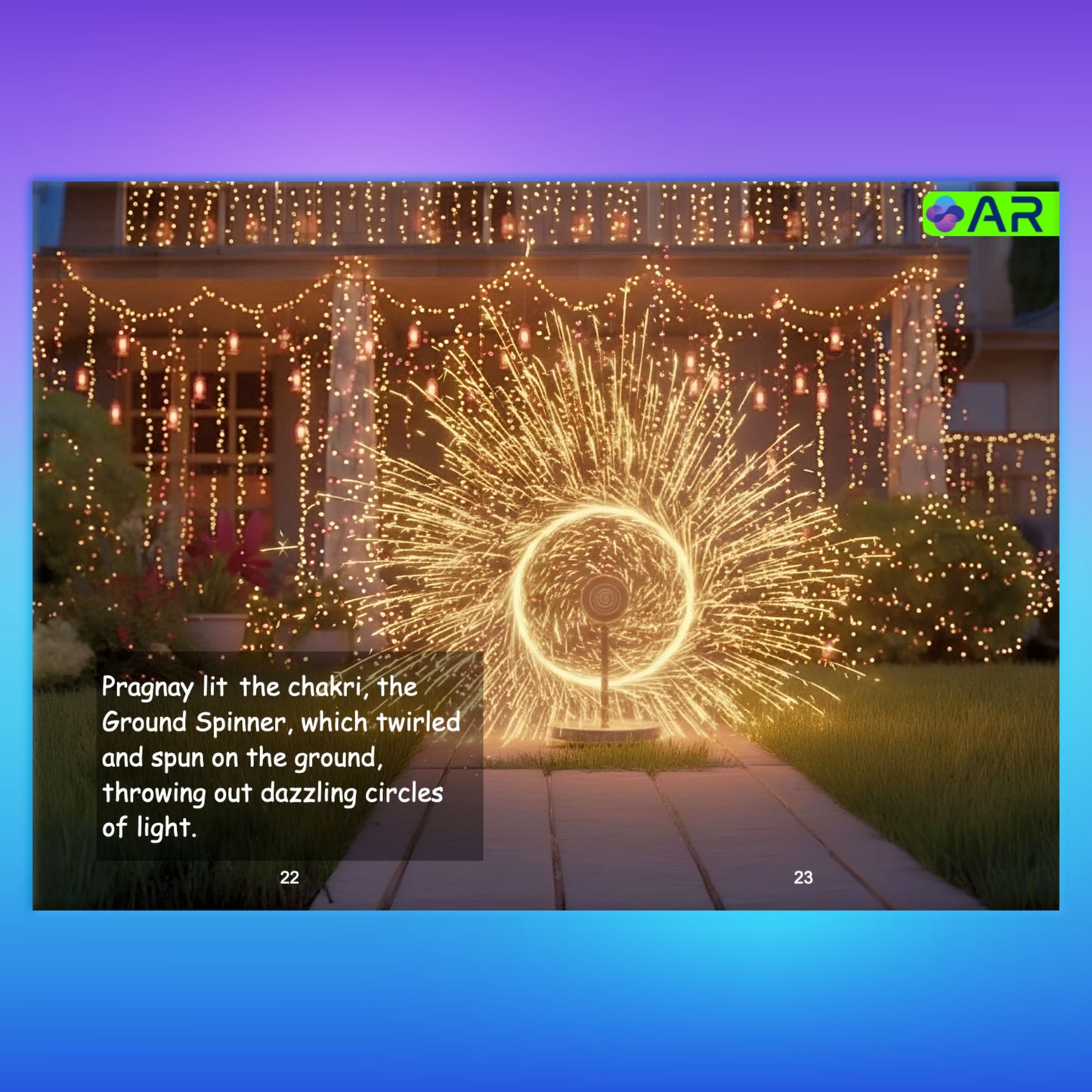 Sparkling Diwali AR book page showing fireworks and decorative lights with augmented reality overlay