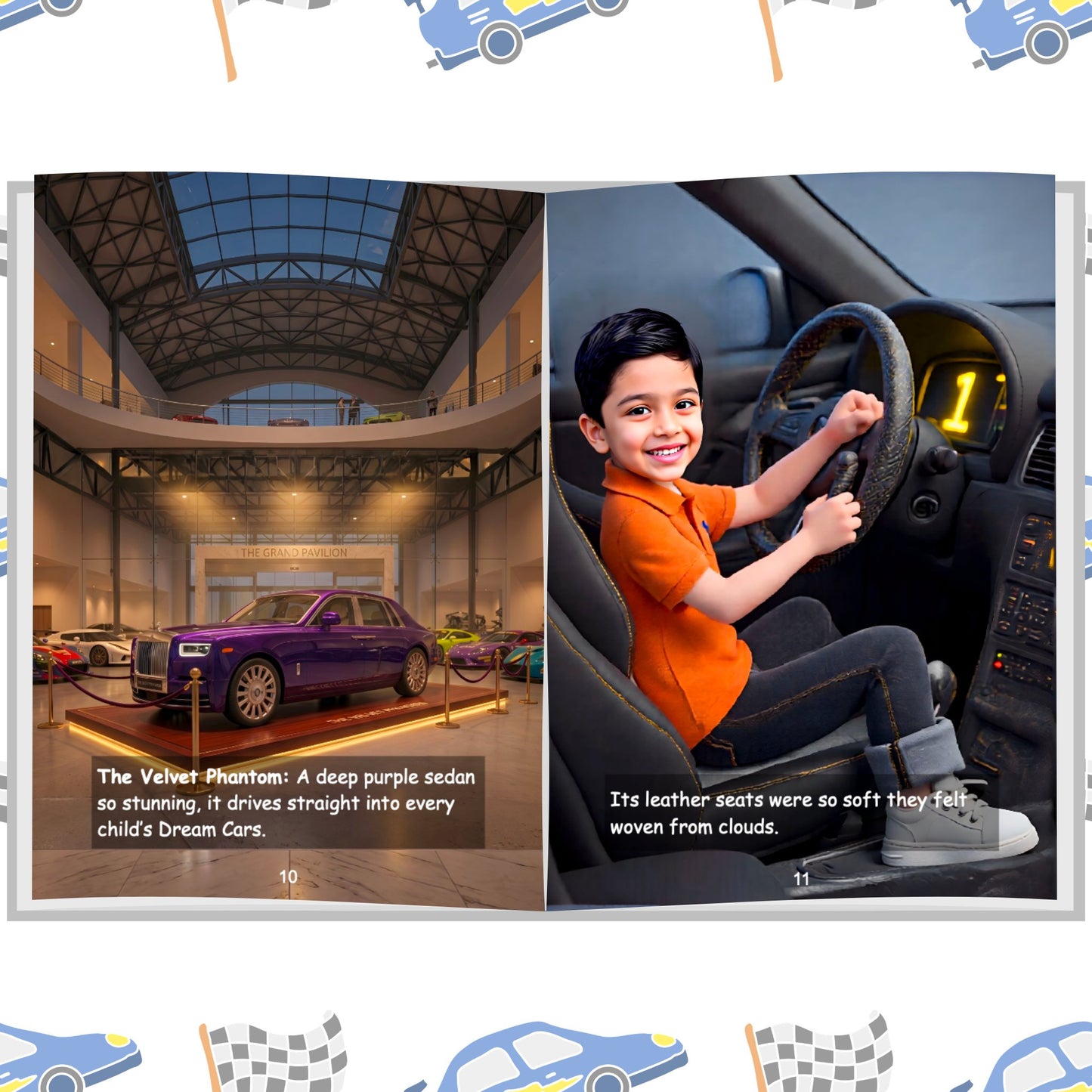 ARXprints Dream Cars book inner page — child driving the Velvet Phantom luxury sedan