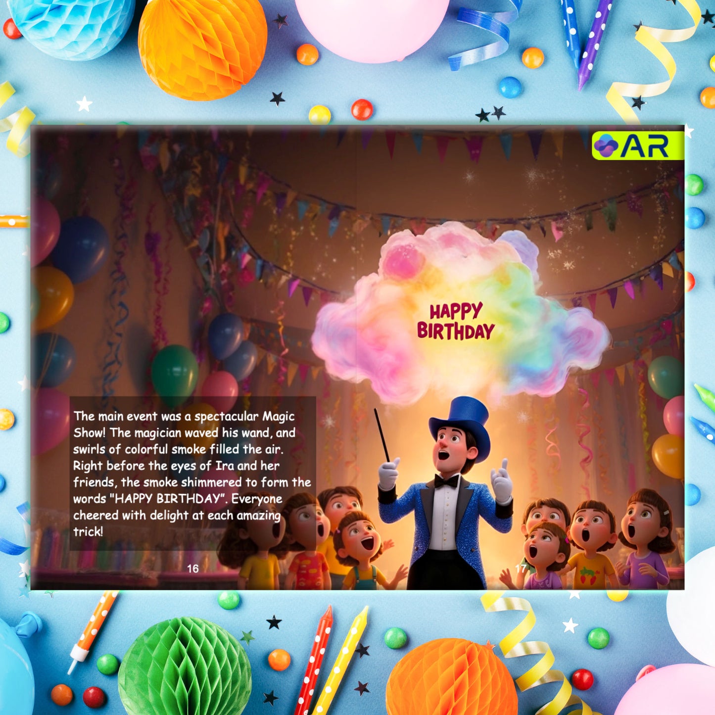 Birthday Gift Storybook - magic show page with AR badge where magician's colorful smoke forms Happy Birthday message through Augmented Reality (AR)