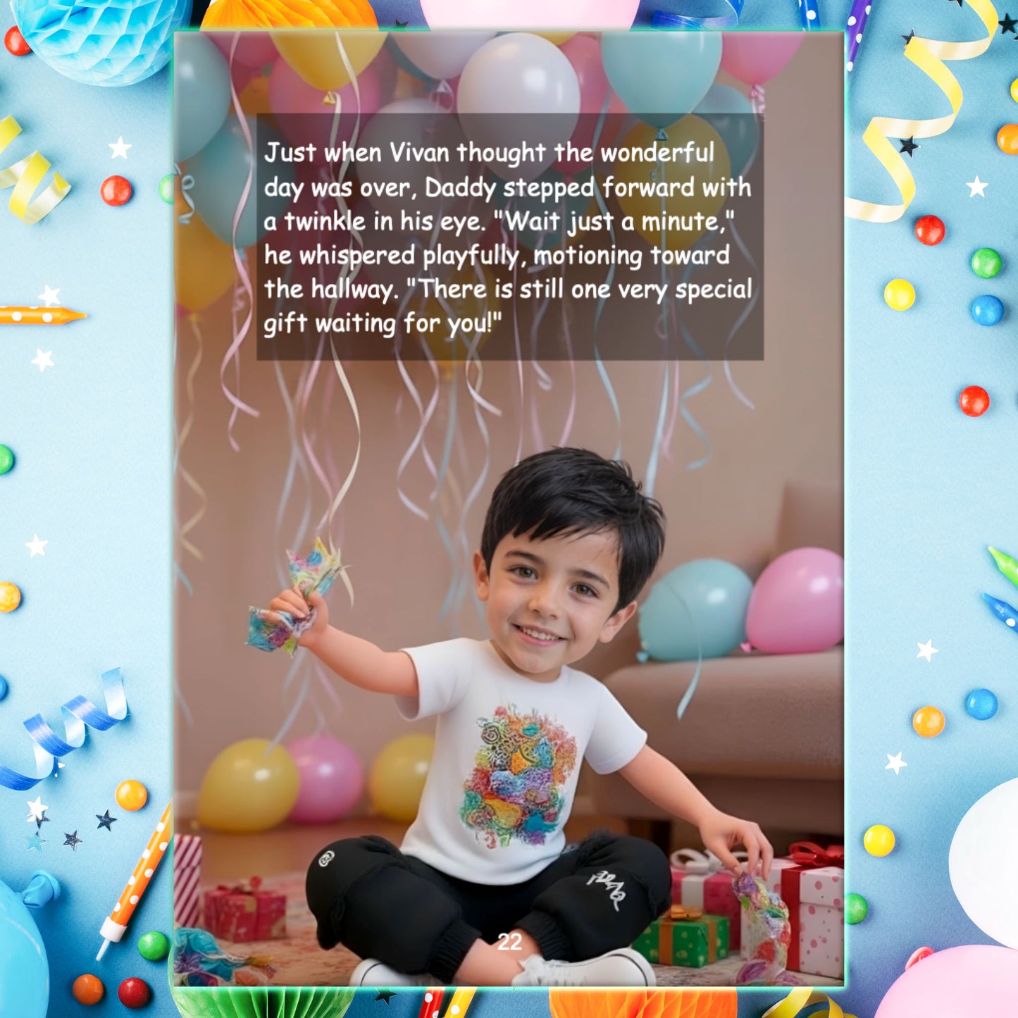 A Boy with balloons and gifts. A Storybook page of ARXprints Birthday Gift