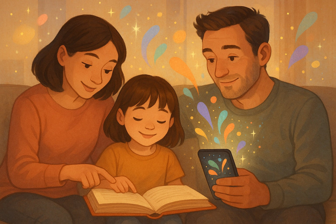 Family reading together showing balance between traditional books and AR technology with parents guiding girl child