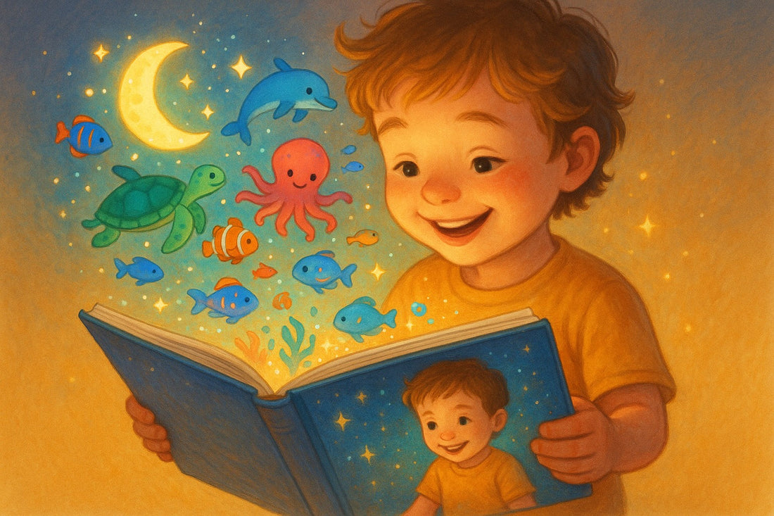 Child reading personalized AR book with underwater creatures and moon appearing through augmented reality