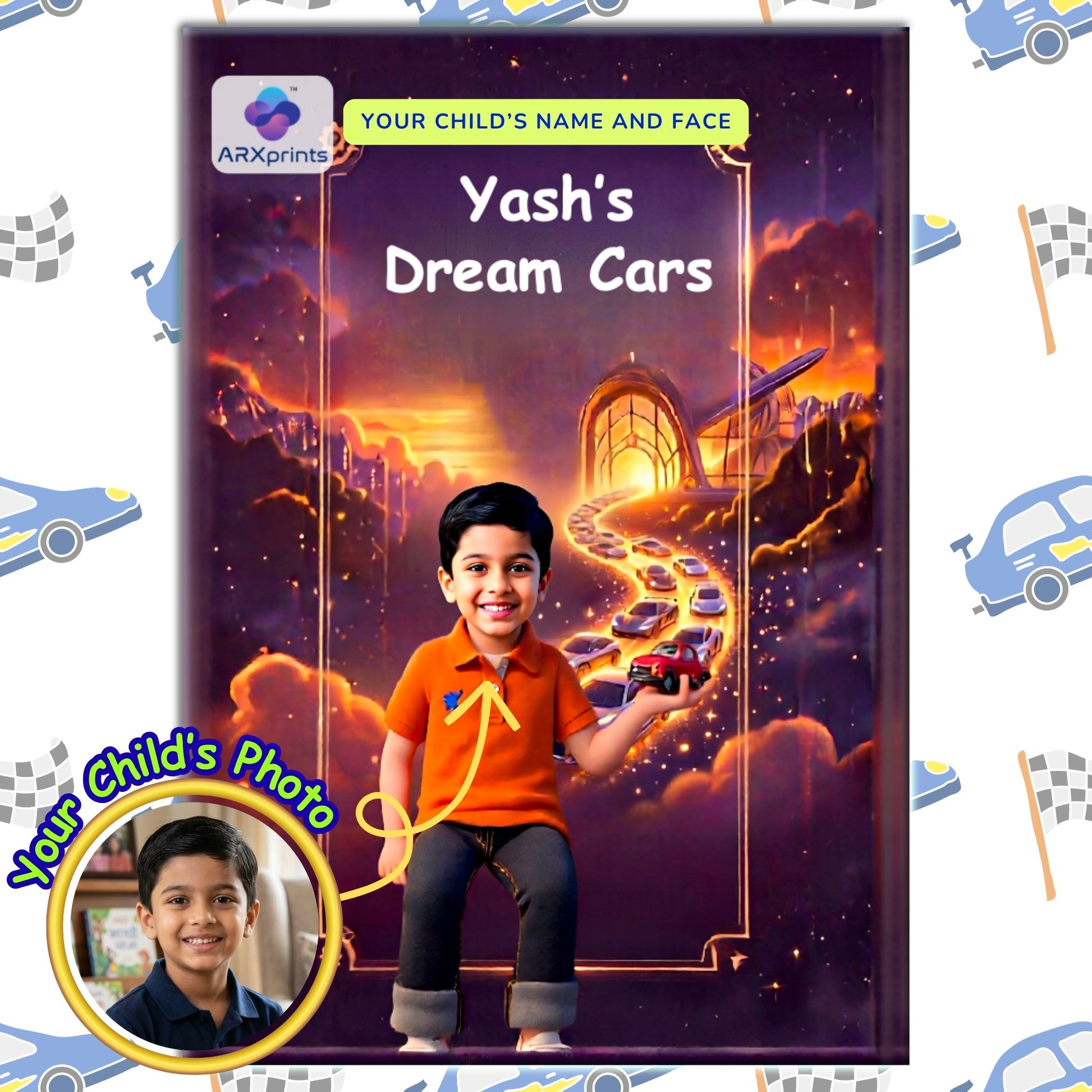 ARXprints Dream Cars personalised storybook cover for boys — child's photo and name printed on magical luxury cars adventure book