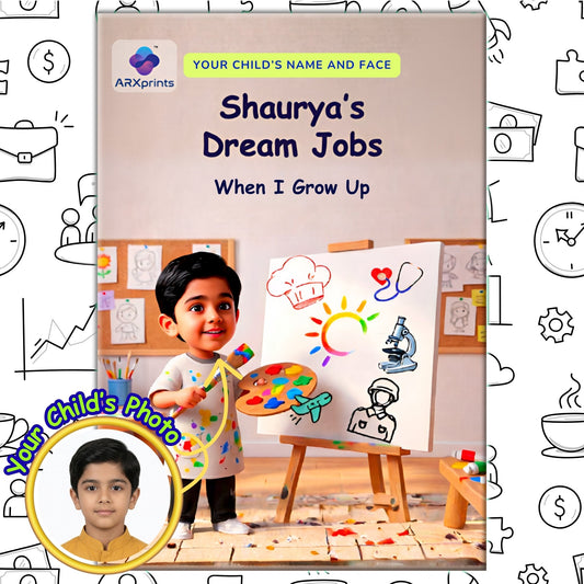 ARXprints Book cover titled 'Dream Jobs' - When I Grow Up with a boy holding a paintbrush and colorful canvas.