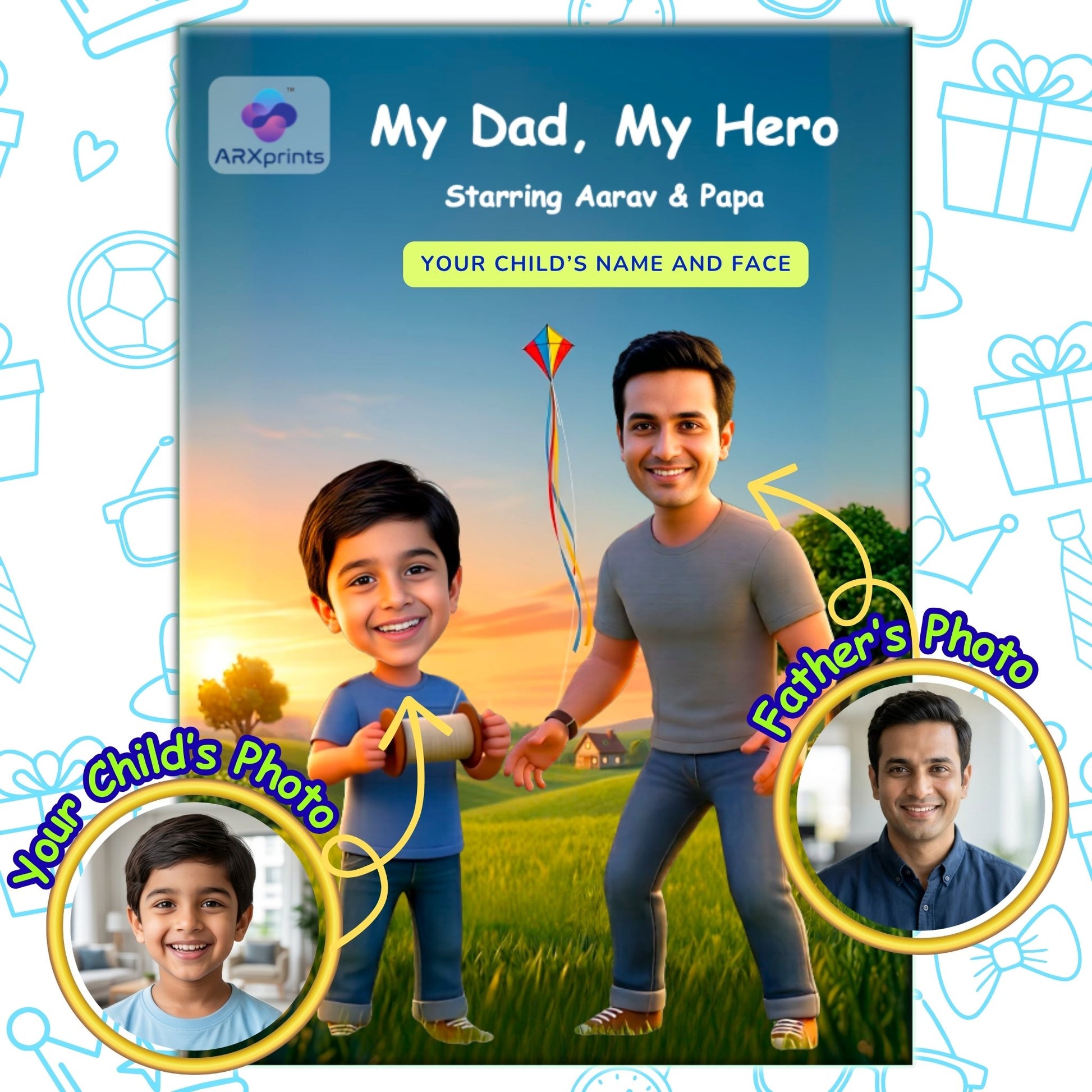 My Dad, My Hero personalized storybook cover featuring a boy and his father flying a kite together – ARXprints