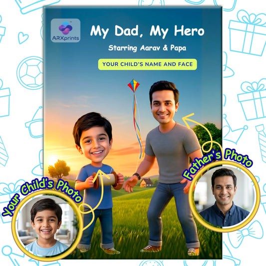 My Dad, My Hero personalized storybook cover featuring a boy and his father flying a kite together – ARXprints