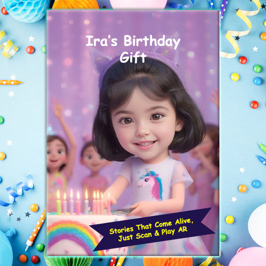 Personalized AR birthday storybook cover featuring a smiling child at a colorful party with rainbow cake and candles