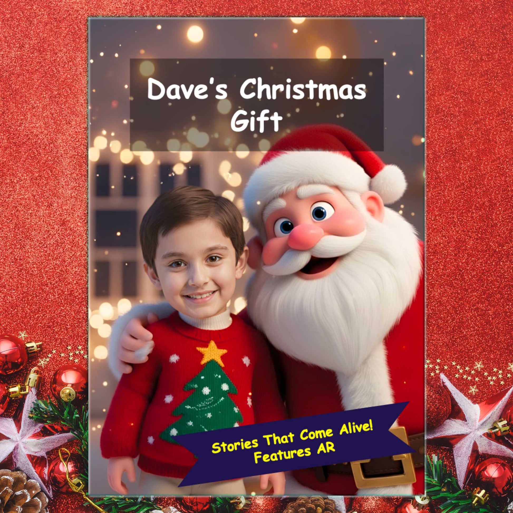 Christmas Gift - Book Cover featuring a boy child with Santa. Custom books with child name and photo. Features Augmented Reality Book.