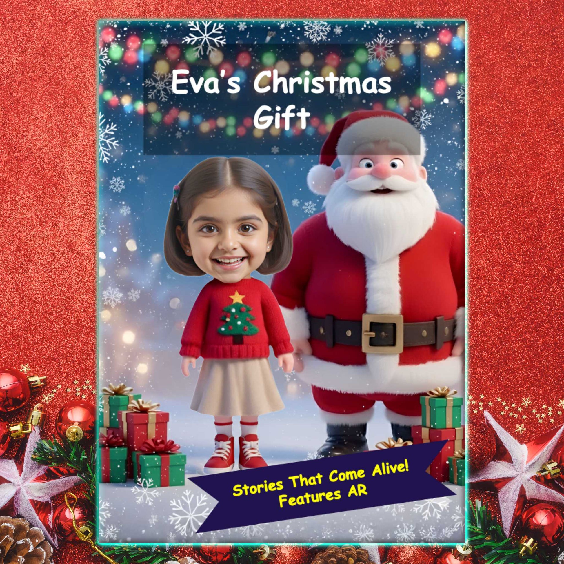 Christmas Gift - Book Cover featuring a girl child with Santa. Custom books with child name and photo. Features AR Book.
