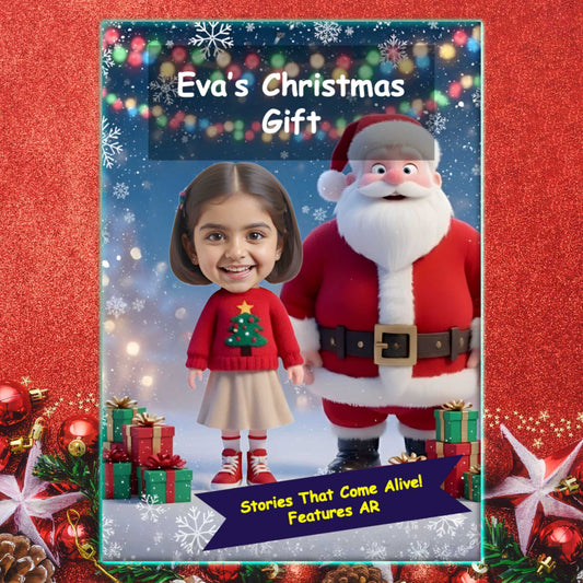 Christmas Gift - Book Cover featuring a girl child with Santa. Custom books with child name and photo. Features AR Book.
