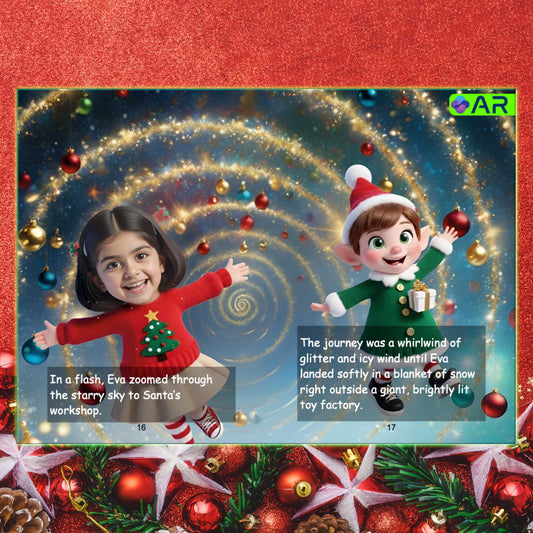 Christmas-themed book page with a child and elf character, surrounded by festive decorations. Page come to life using AR.