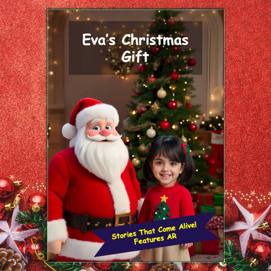 Christmas Gift - Book Cover featuring a girl child with Santa. Custom books with child name and photo. Features AR Book.