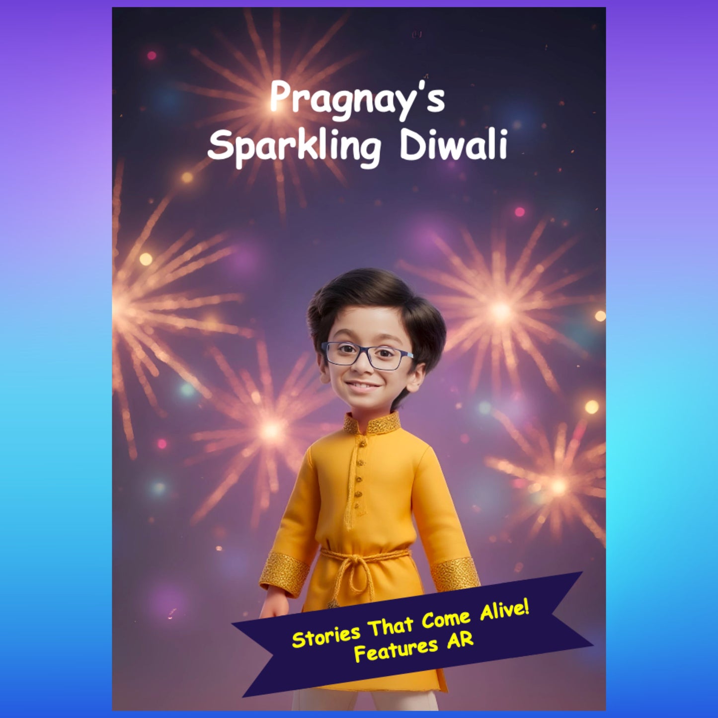 Sparkling Diwali personalized AR book cover featuring child celebrating with fireworks and festive decorations