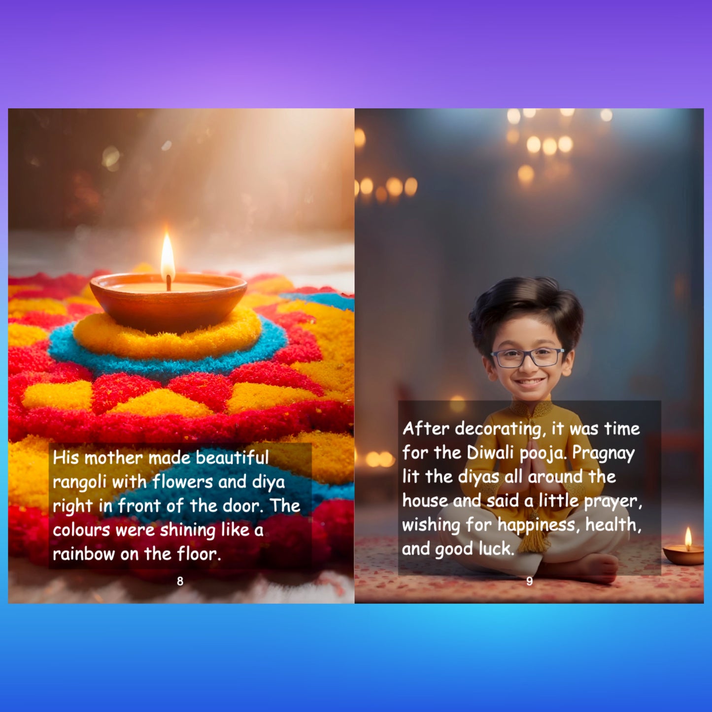 Sparkling Diwali book page showing traditional diya lamps and festive Diwali decorations