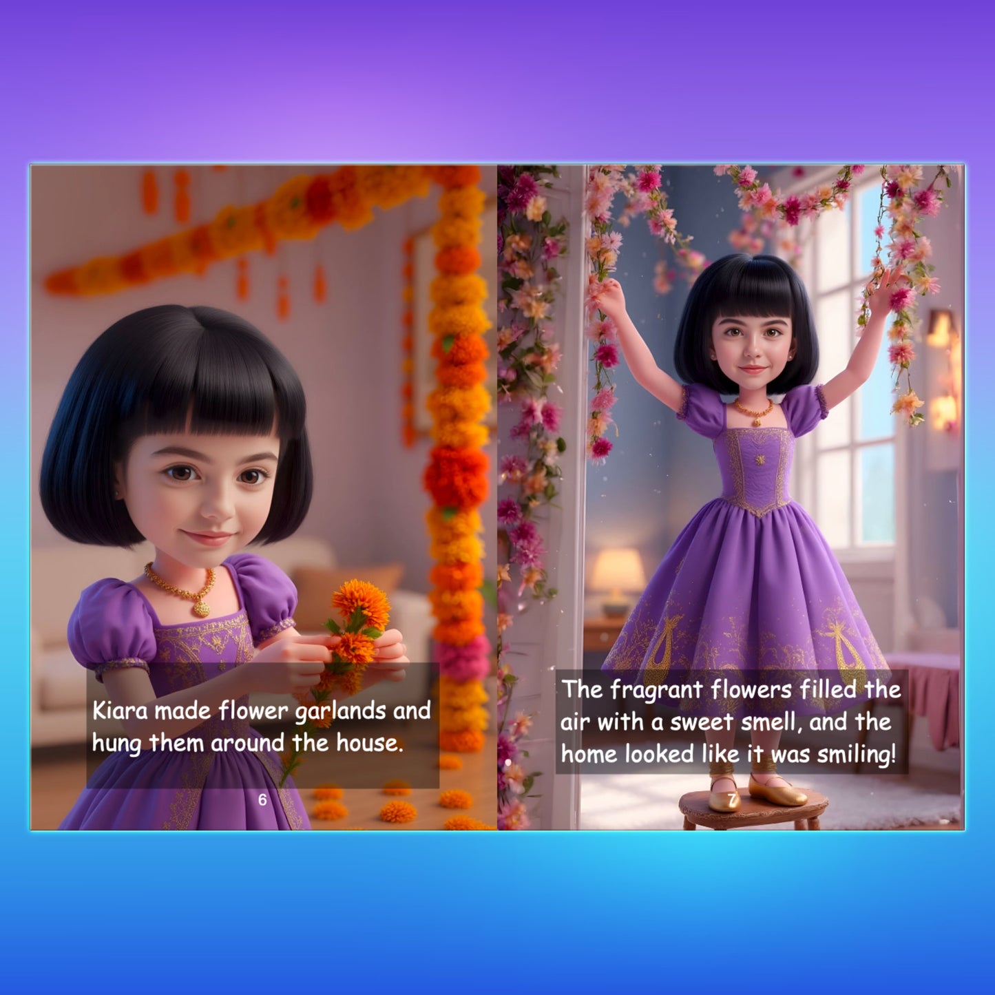 Animated girl character in a purple dress with text about making flower garlands for Diwali. This girl character could be customized with your kid's face.
