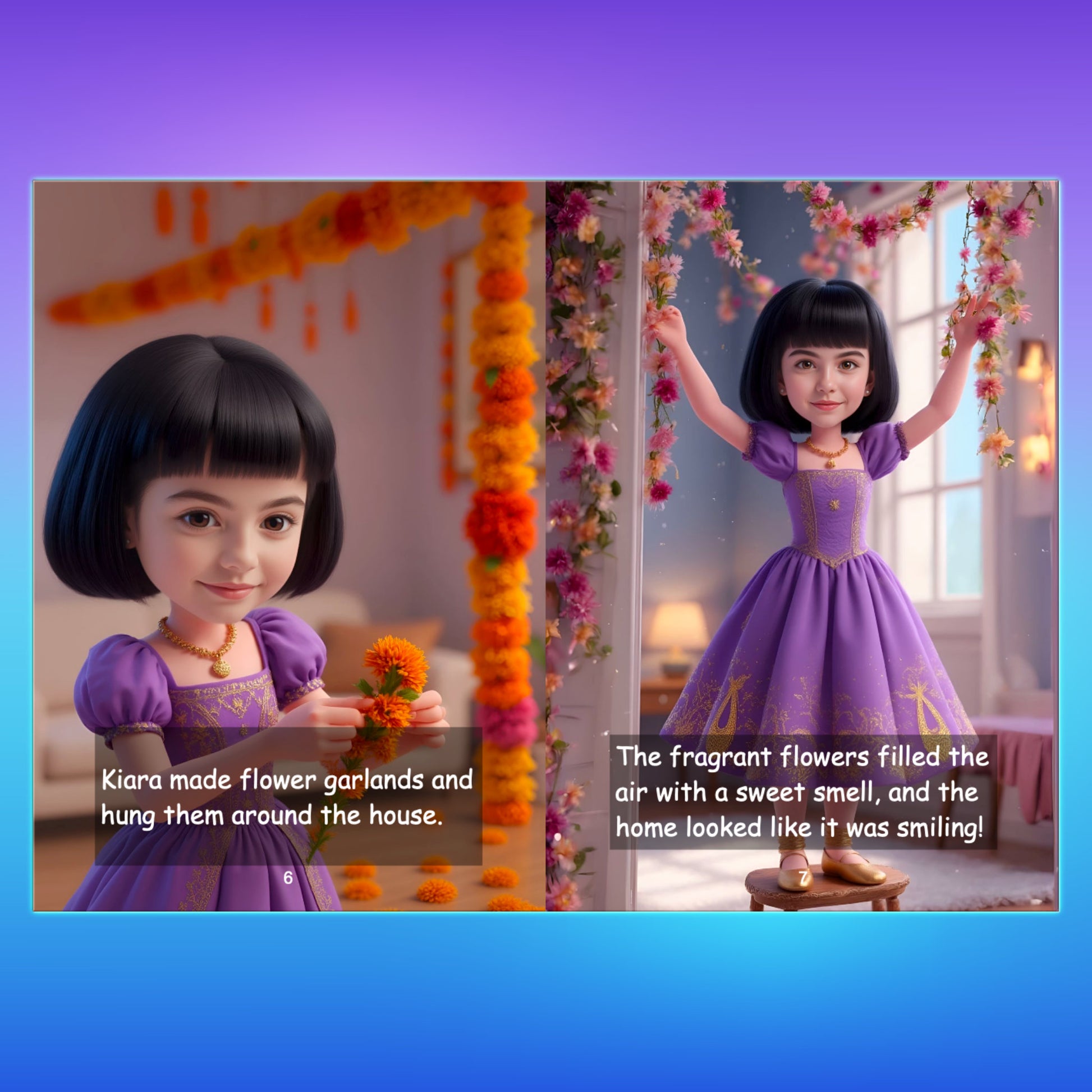 Animated girl character in a purple dress with text about making flower garlands for Diwali. This girl character could be customized with your kid's face.