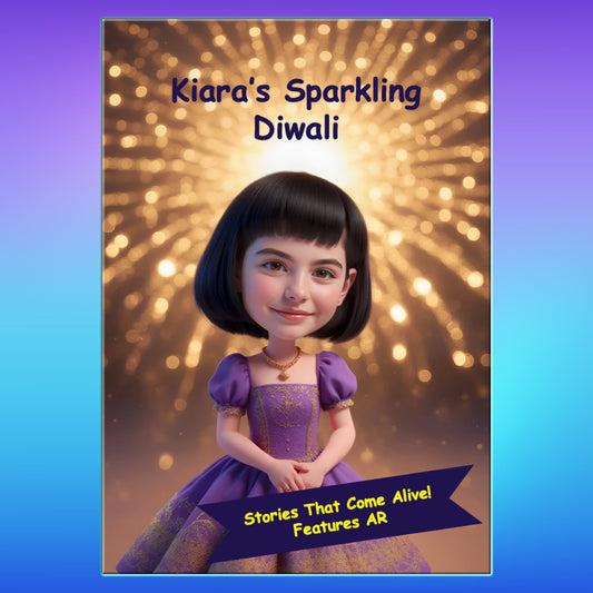 Book cover of Sparkling Diwali featuring girl in a purple dress against a fireworks background. Custom Book. AR Enabled Book