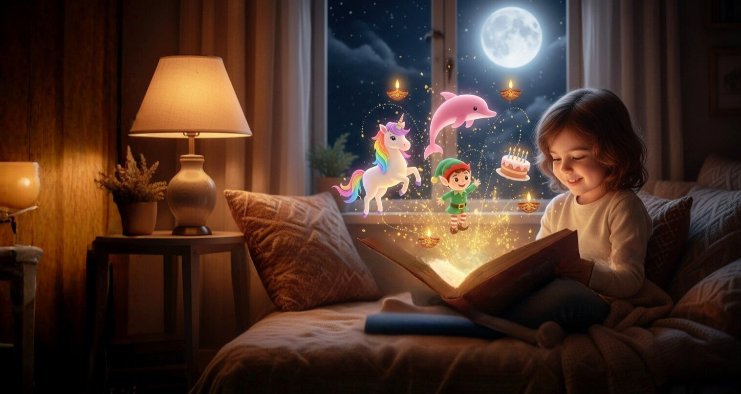 Child experiencing AR magic with personalized storybook and animated characters in cozy bedroom - Try free Augmented Reality (AR) demo.