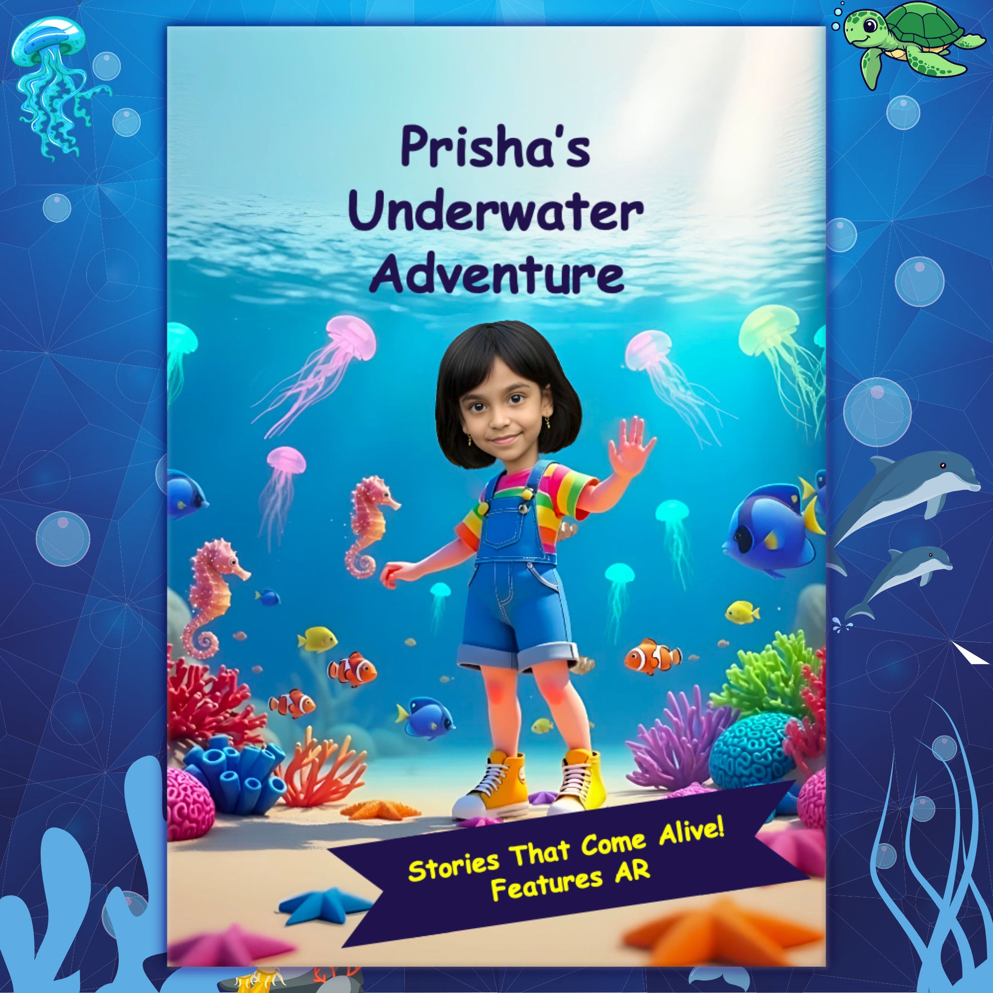 Underwater Adventure personalized AR book cover with child exploring ocean featuring jellyfish, seahorses, and tropical fish