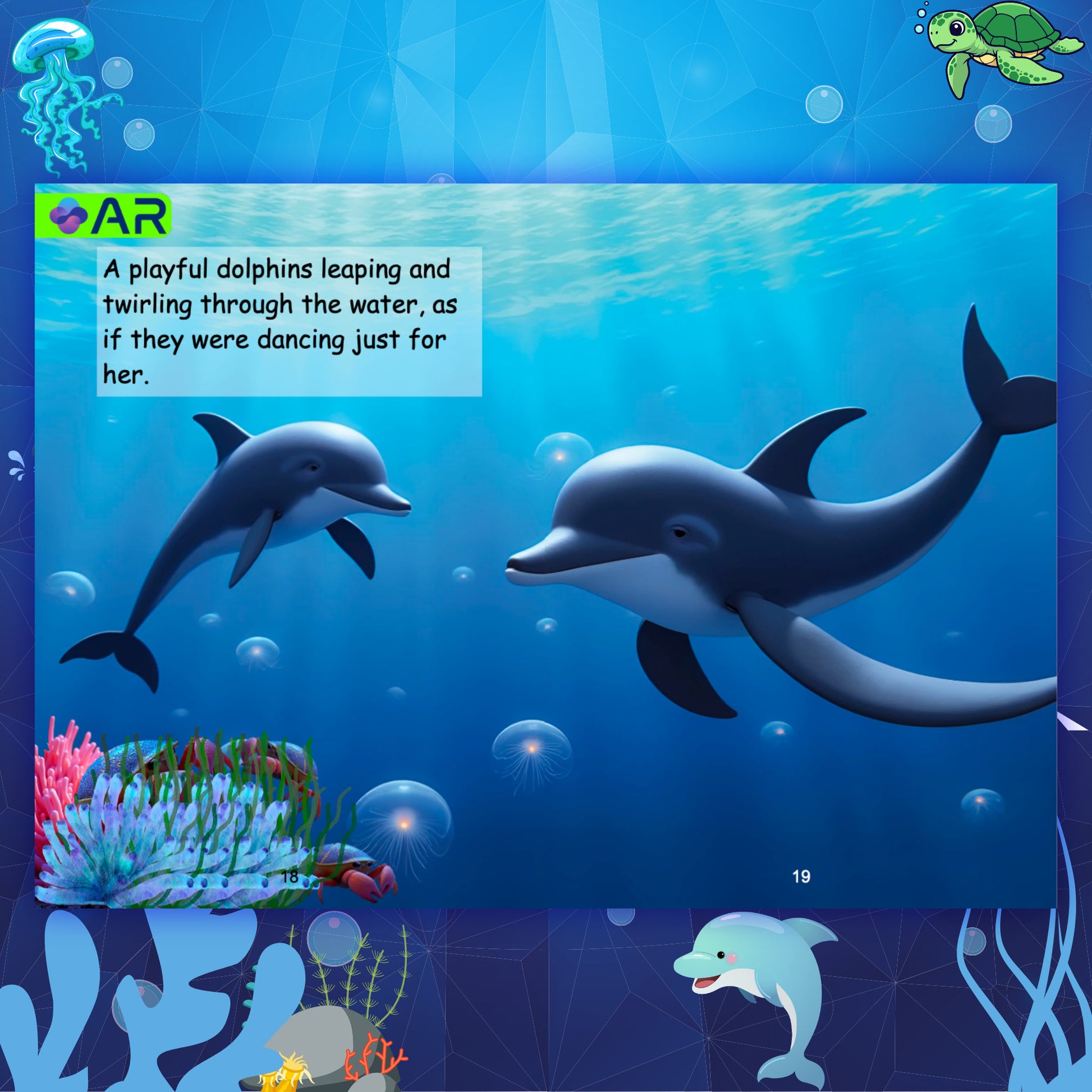 Underwater Adventure AR book page showing dolphins swimming, story text is shown in the book page