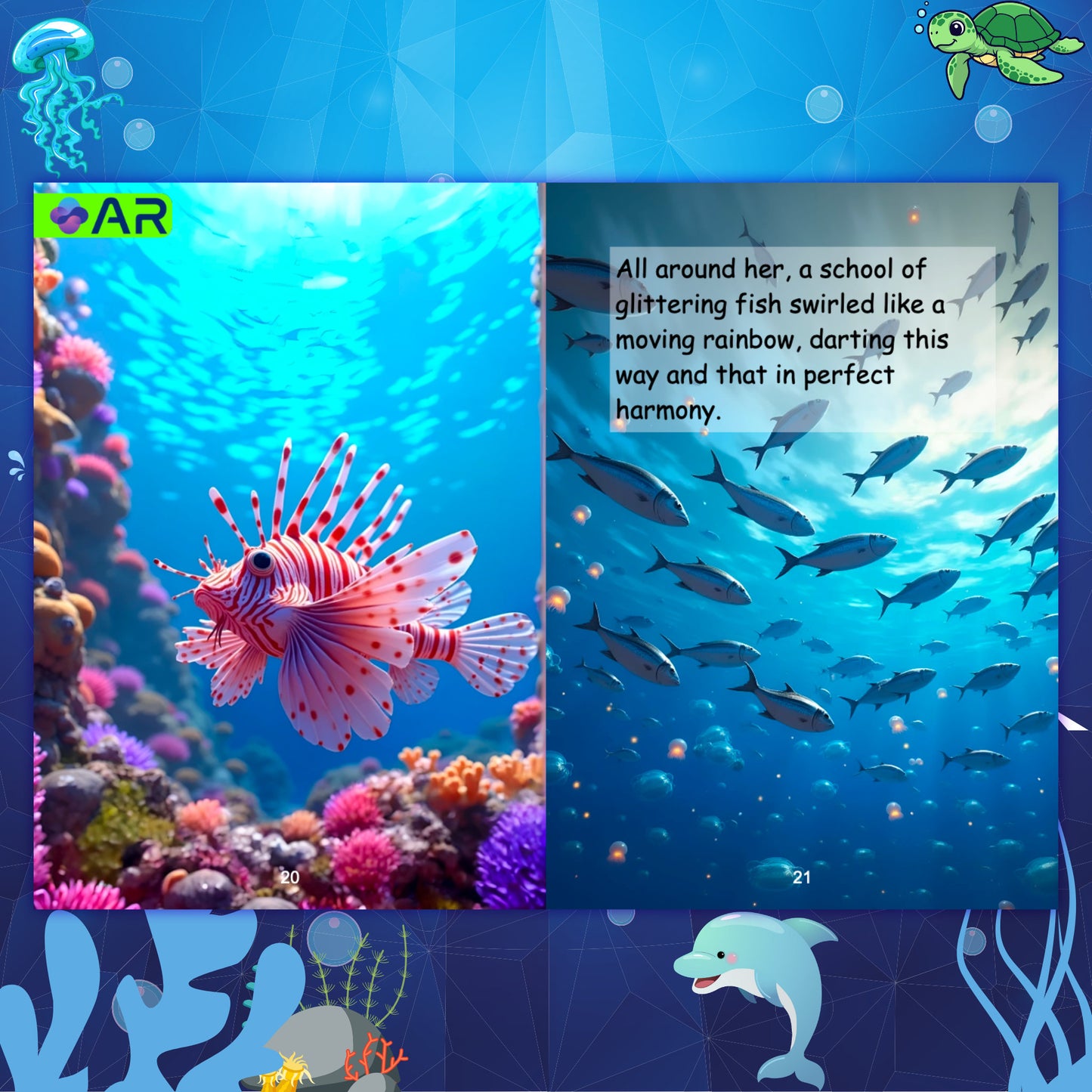 Underwater Adventure AR book animated page featuring lionfish, coral reef, and tropical fish with augmented reality