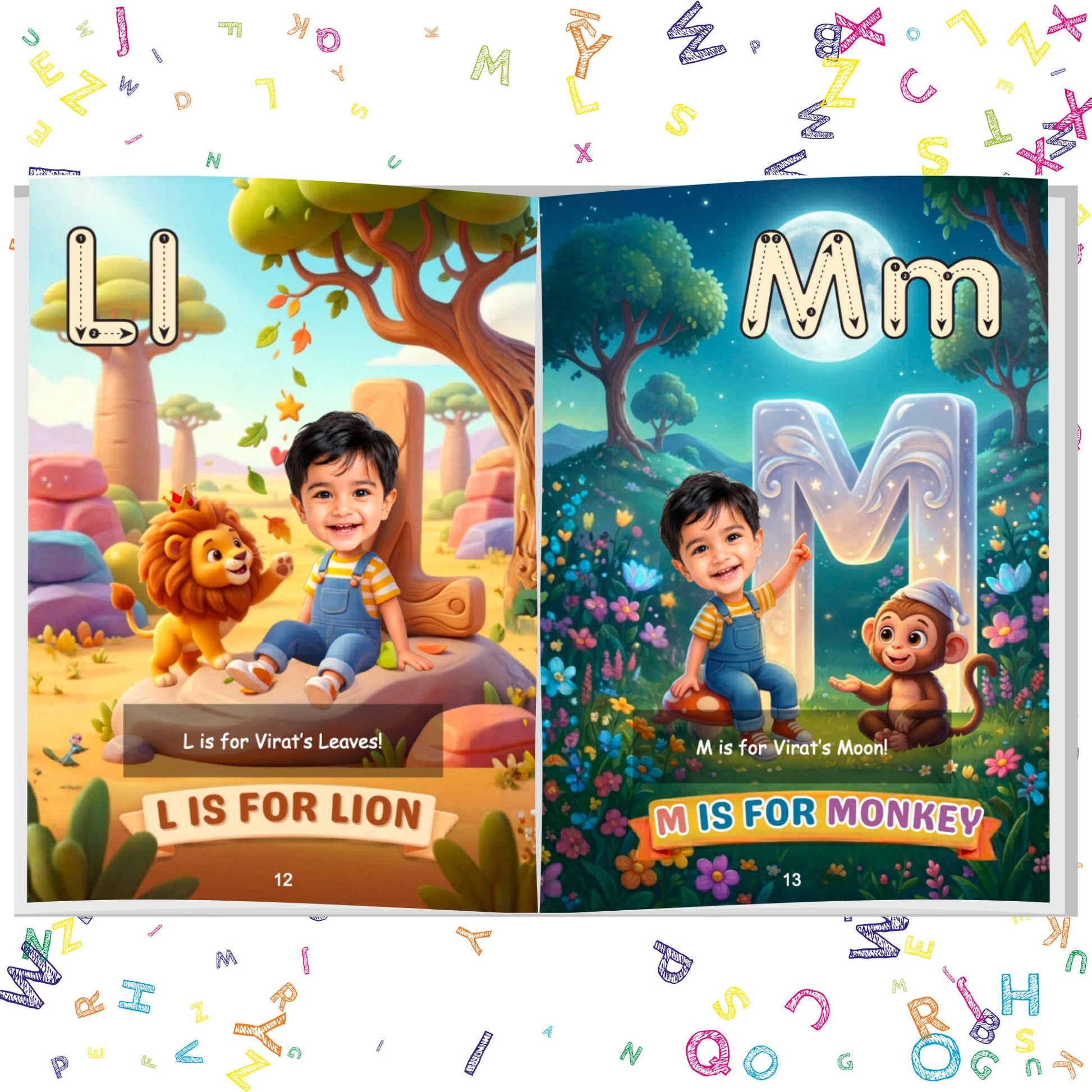 ARXprints - Personalised children's alphabet book open to pages 12–13, showing a child's face on illustrated characters beside a lion for letter L and a monkey for letter M, with colourful floating letters in the background