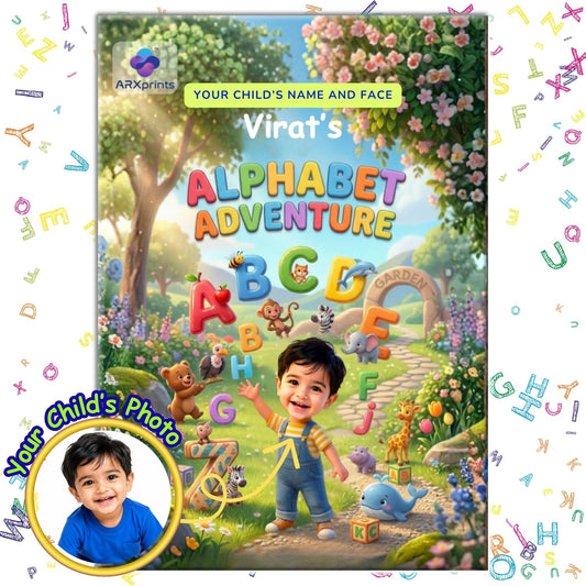 ARXprints - Personalized Alphabet Adventure book cover for kids – child's name and face on every page, with vibrant letters and animals in garden