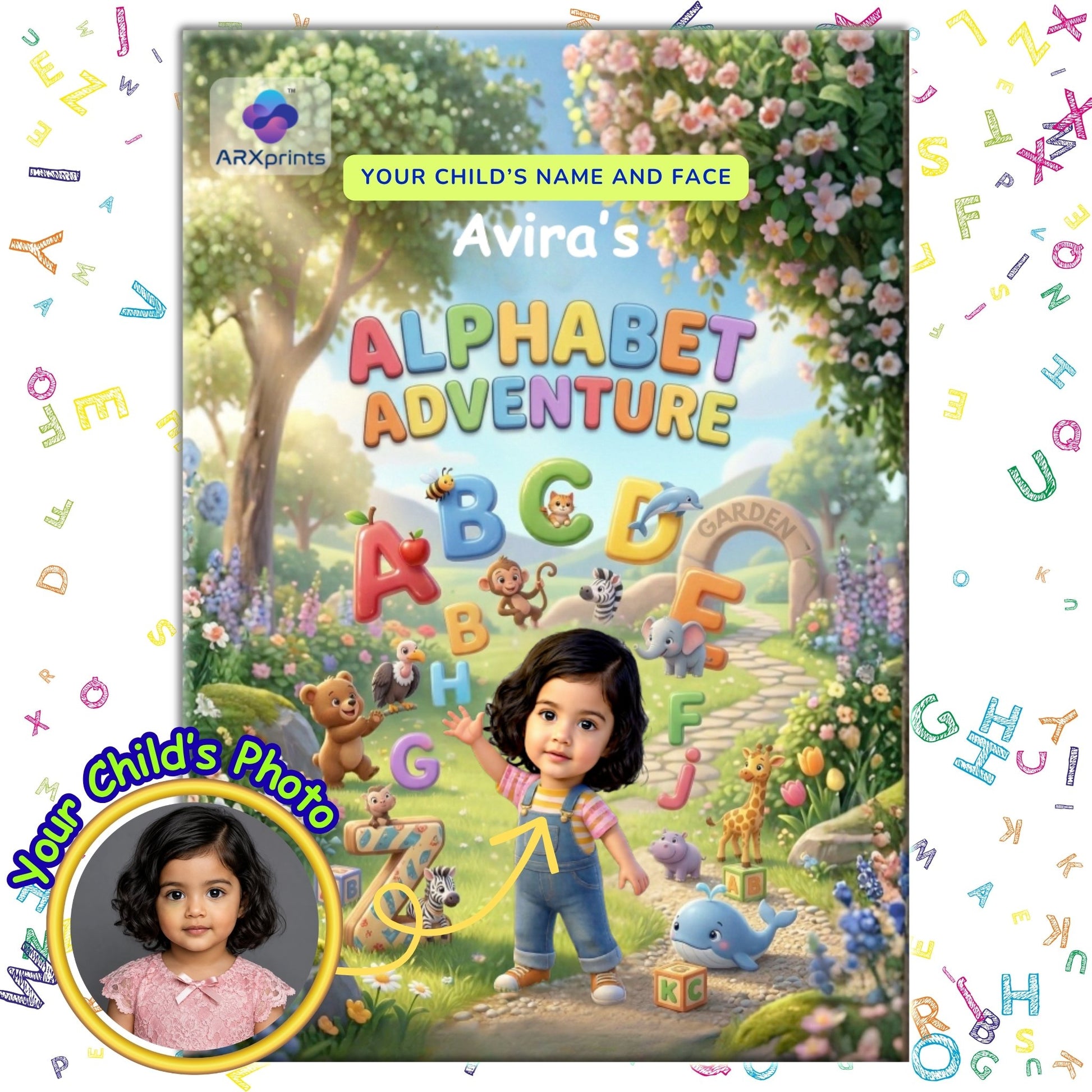 ARXprints - Personalized Alphabet Adventure book cover for kids – child's name and face on every page, with vibrant letters and animals in garden