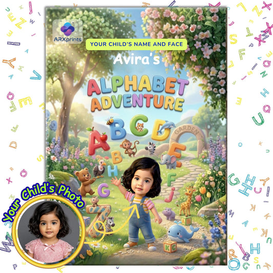 ARXprints - Personalized Alphabet Adventure book cover for kids – child's name and face on every page, with vibrant letters and animals in garden