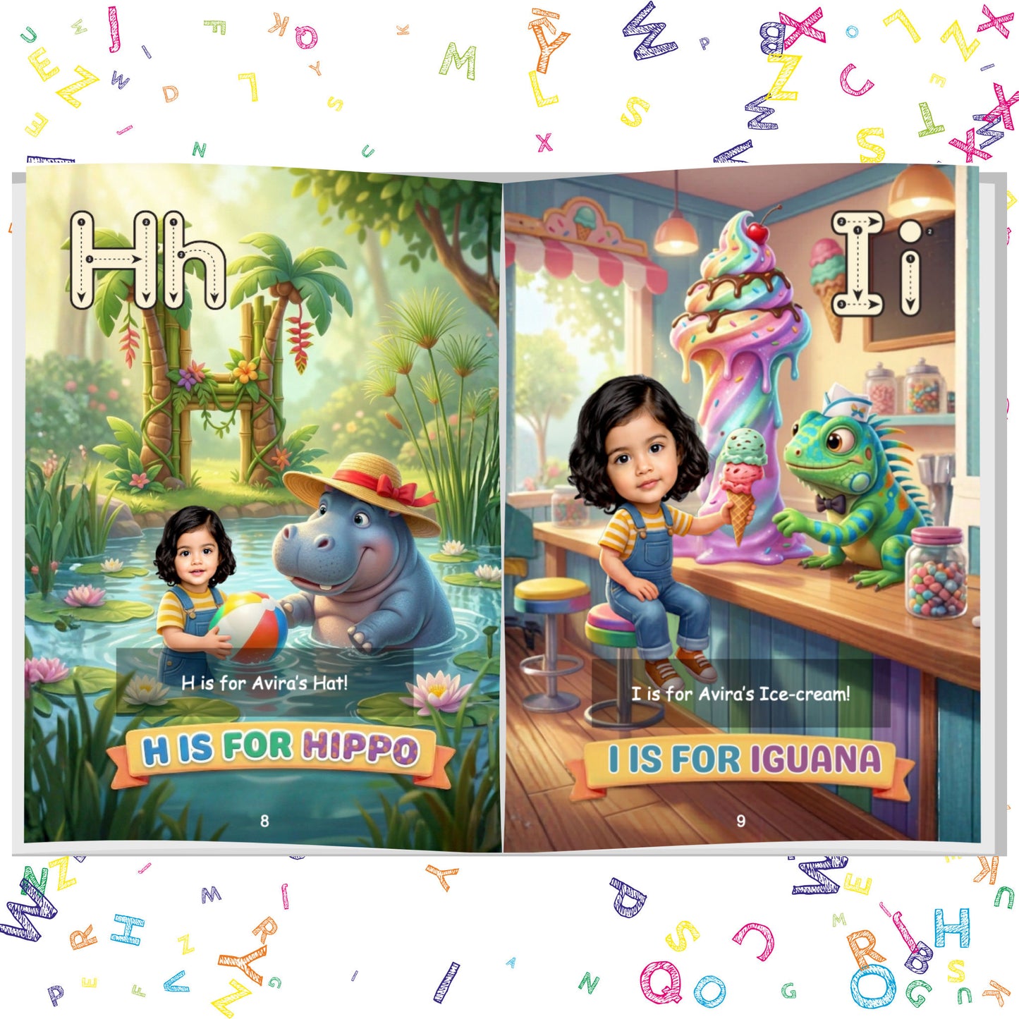 ARXprints - Personalised children's alphabet book open to pages 8–9 showing 'H is for Hippo' and 'I is for Iguana' with colorful letters in the background. 
