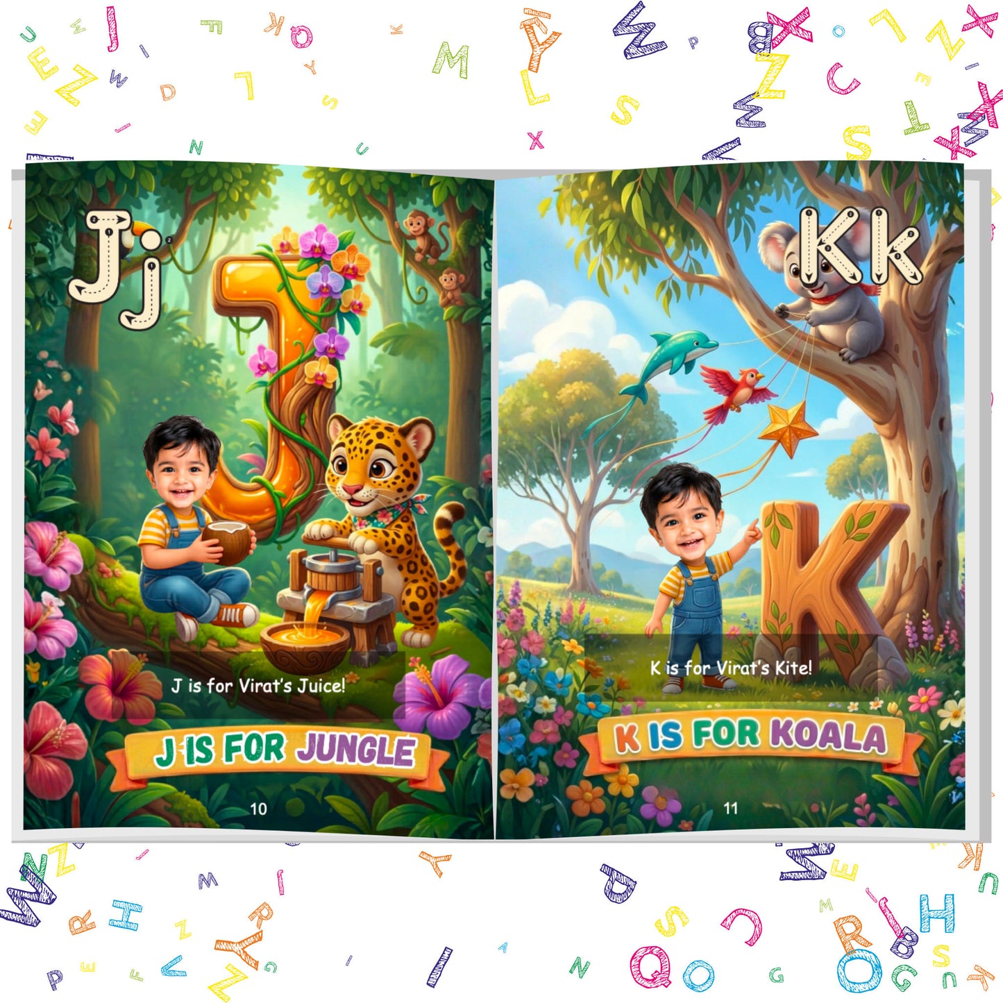 ARXprints - Personalised children's alphabet book open to pages 10–11, background with a jungle scene and a koala, featuring letters J and K with colourful floating letters in the background