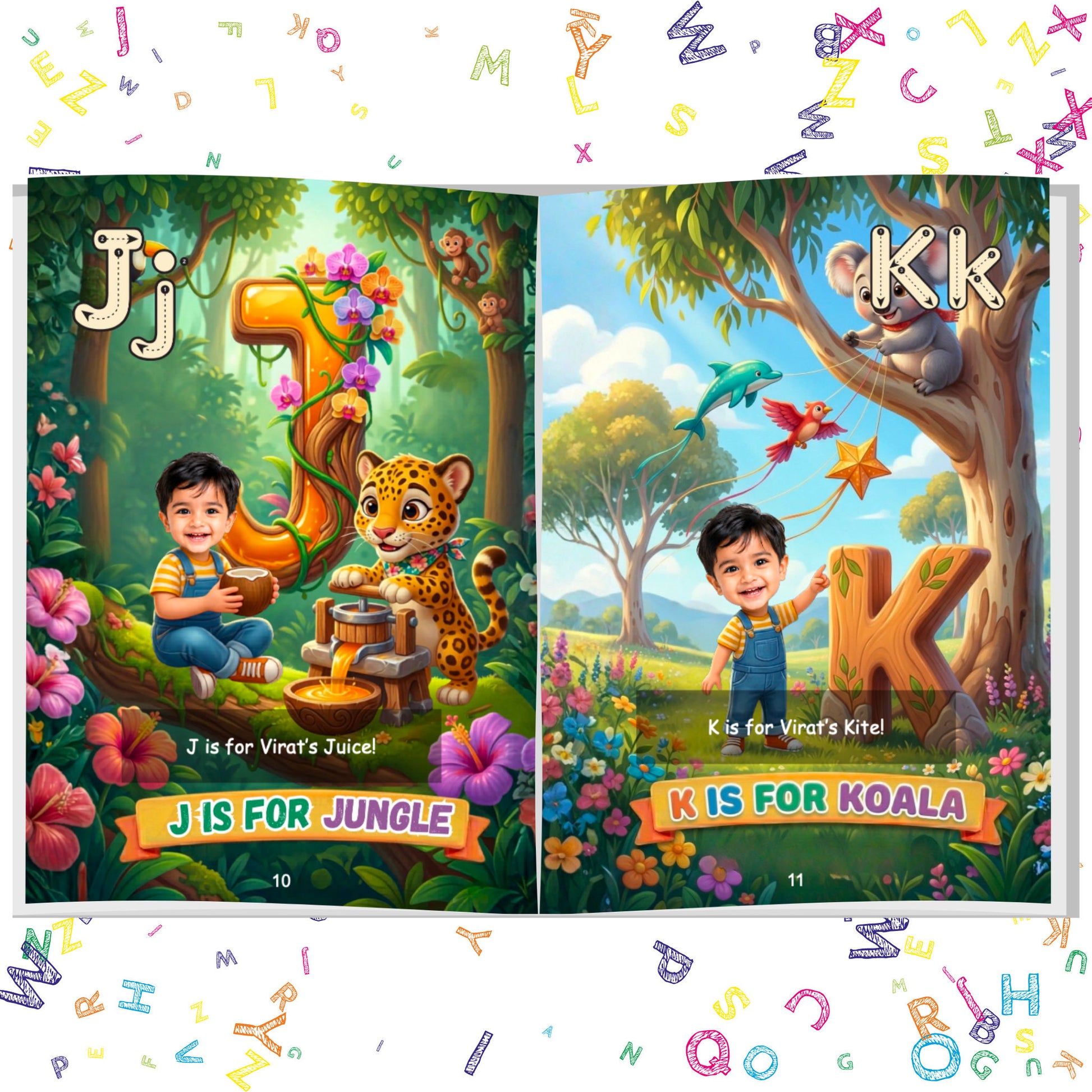 ARXprints - Personalised children's alphabet book open to pages 10–11, background with a jungle scene and a koala, featuring letters J and K with colourful floating letters in the background