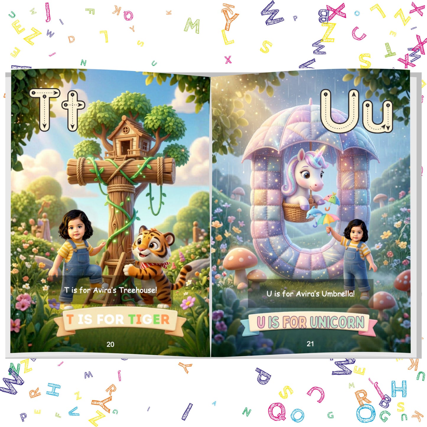 TARXprints - Personalised children's alphabet book open to pages 20–21 showing illustrations of a Treehouse, Tiger Umbrellas and Unicorn, featuring letters T and U. Colourful floating letters in the background.