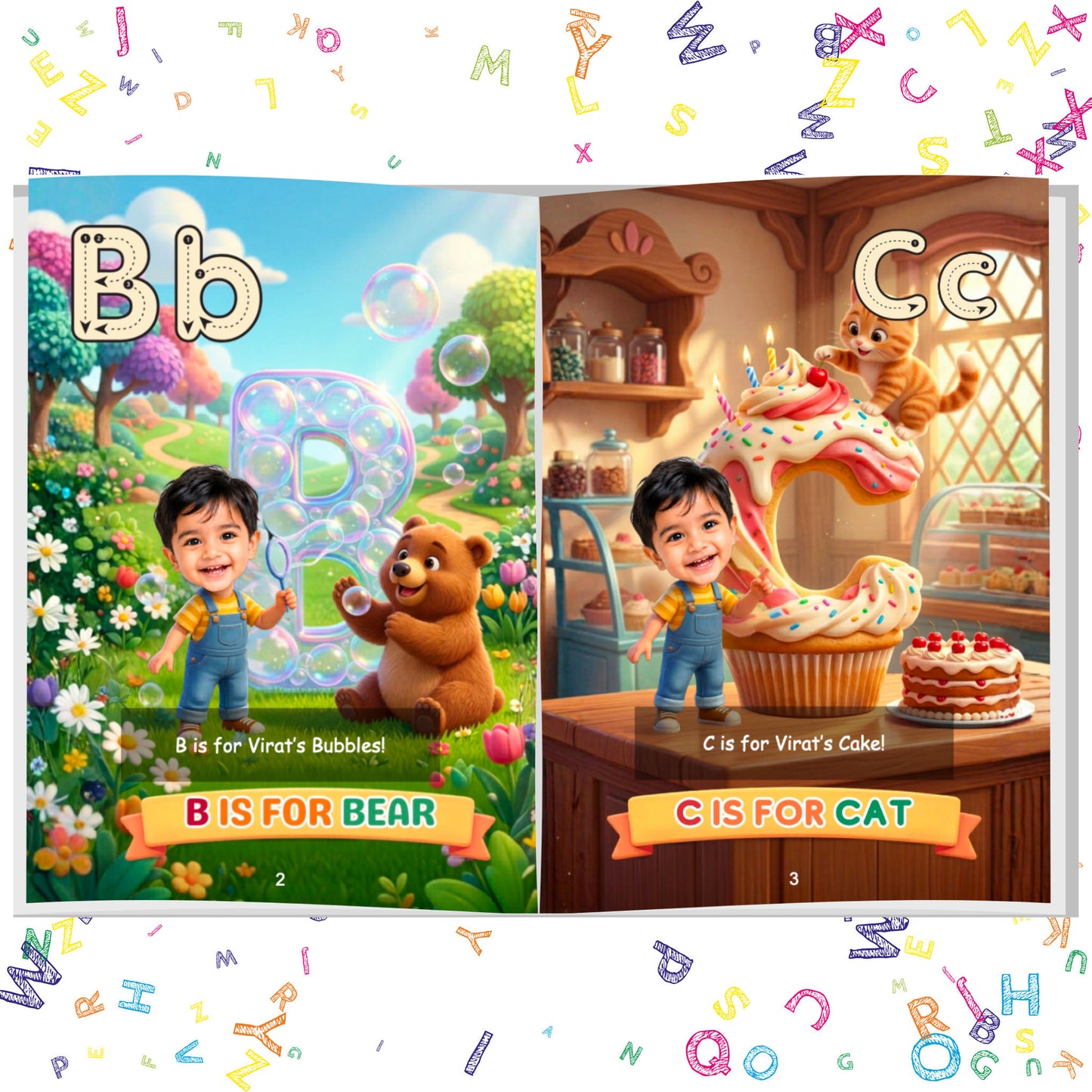 Inside spread of ARXprints Alphabet Adventure personalized book – child's name and face on B and C pages, with a Bear and bubbles, Cat and cupcake, vibrant illustrations