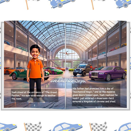ARXprints Dream Cars personalised book inner page — child's Disney-style illustration standing at The Grand Pavilion entrance surrounded by luxury and exotic cars