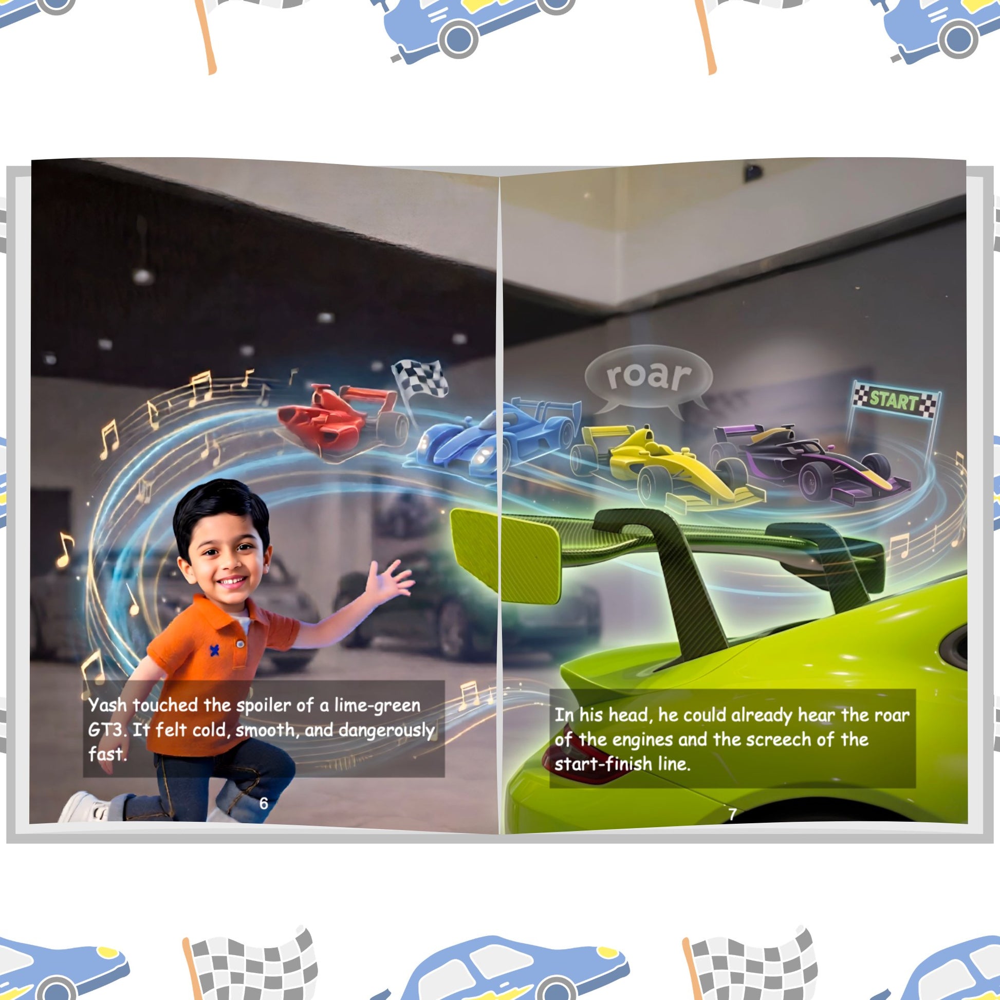 ARXprints Dream Cars personalised book inner page — child's Disney-style illustration touching a lime-green GT3 supercar with colourful race cars swirling around
