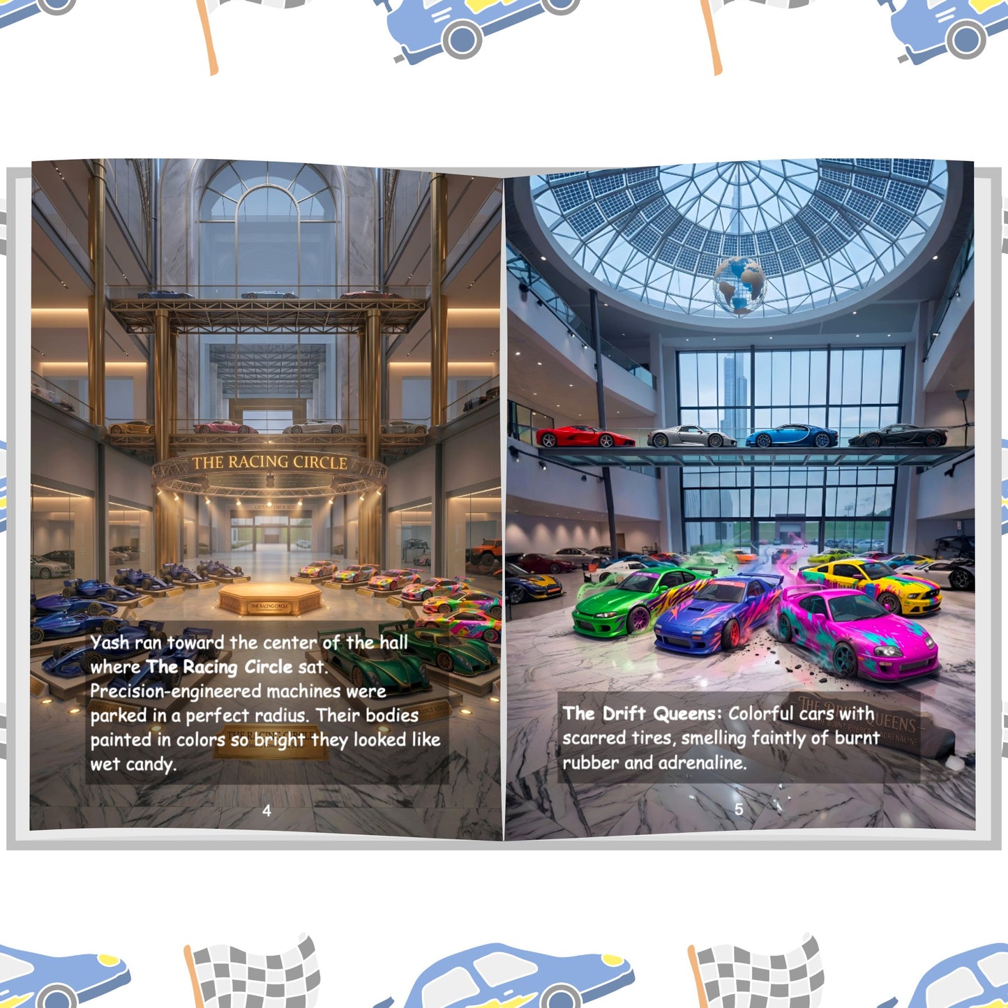 ARXprints Dream Cars personalised book inner page — The Racing Circle and Drift Queens zones with vibrant colourful supercars and race cars