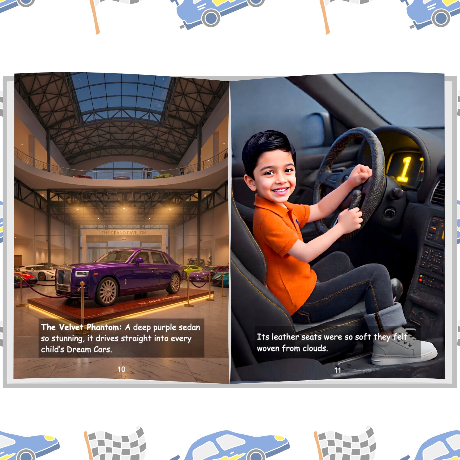 ARXprints Dream Cars book inner page — child driving the Velvet Phantom luxury sedan