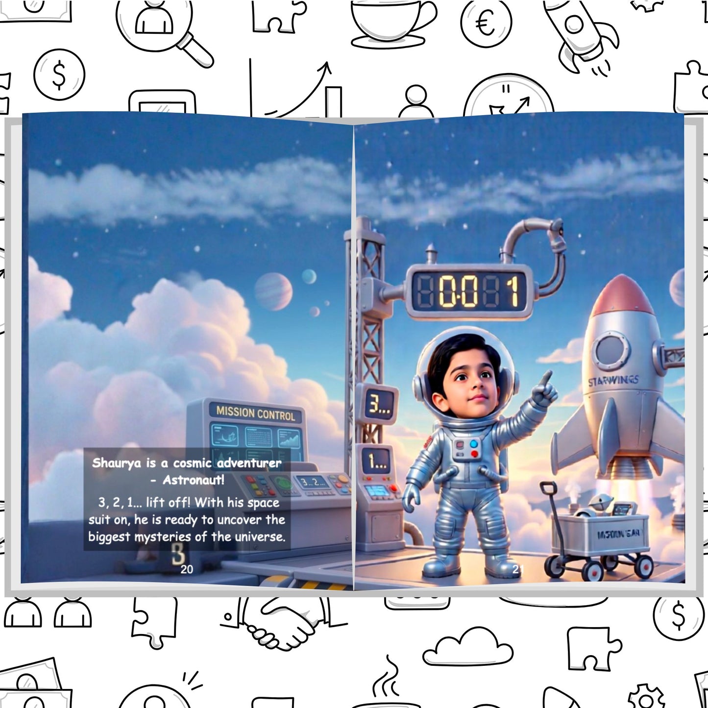 Personalized children's storybook page showing a boy as a daring astronaut ready for rocket launch — Dream Jobs When I Grow Up book by ARXprints