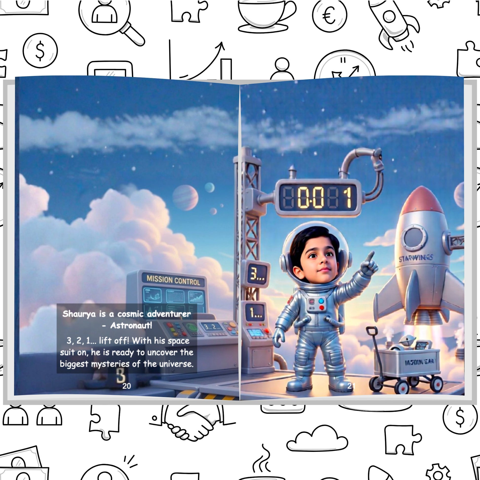 Personalized children's storybook page showing a boy as a daring astronaut ready for rocket launch — Dream Jobs When I Grow Up book by ARXprints