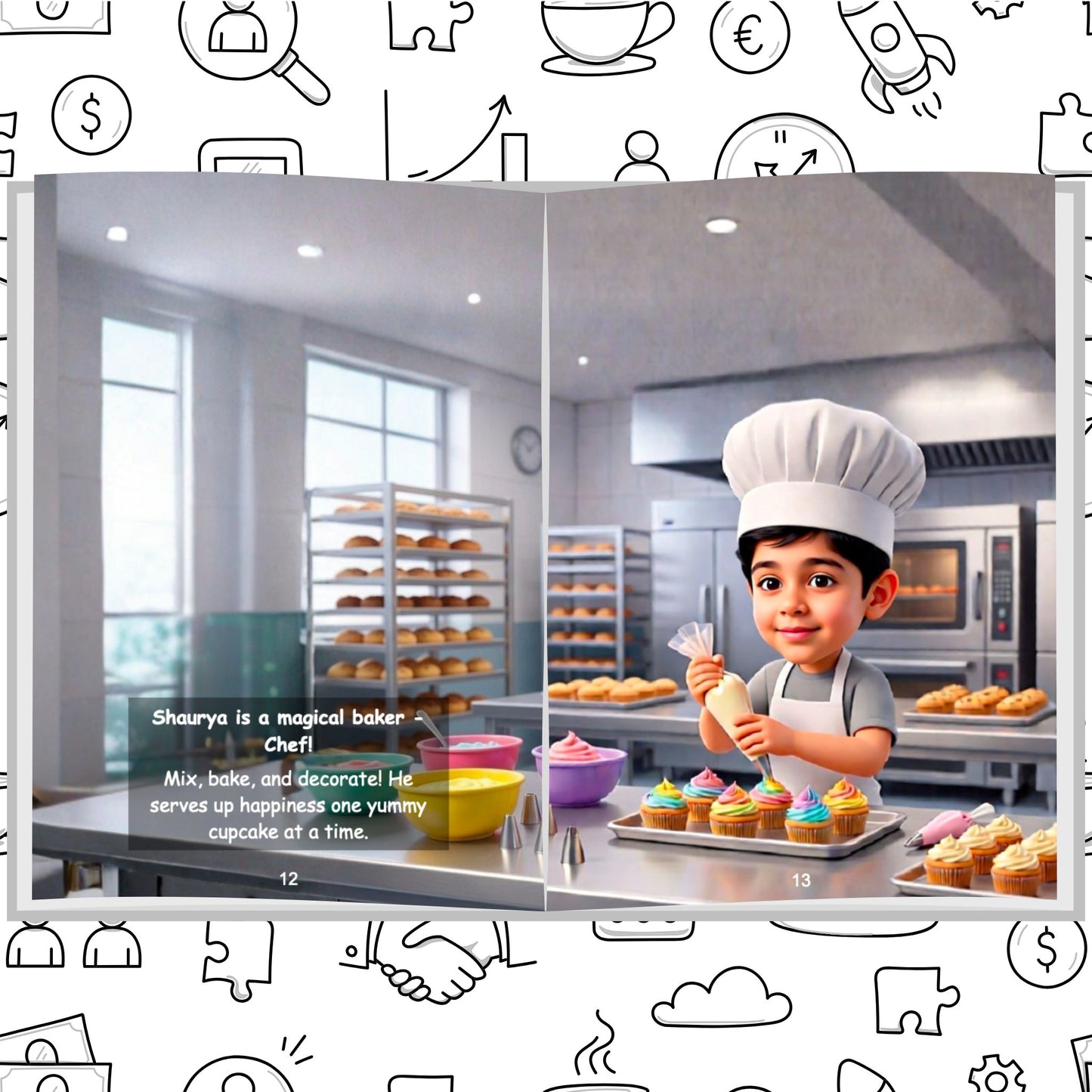 Personalized children's storybook page showing a boy as a joyful chef decorating cupcakes in a bakery — Dream Jobs When I Grow Up book by ARXprints