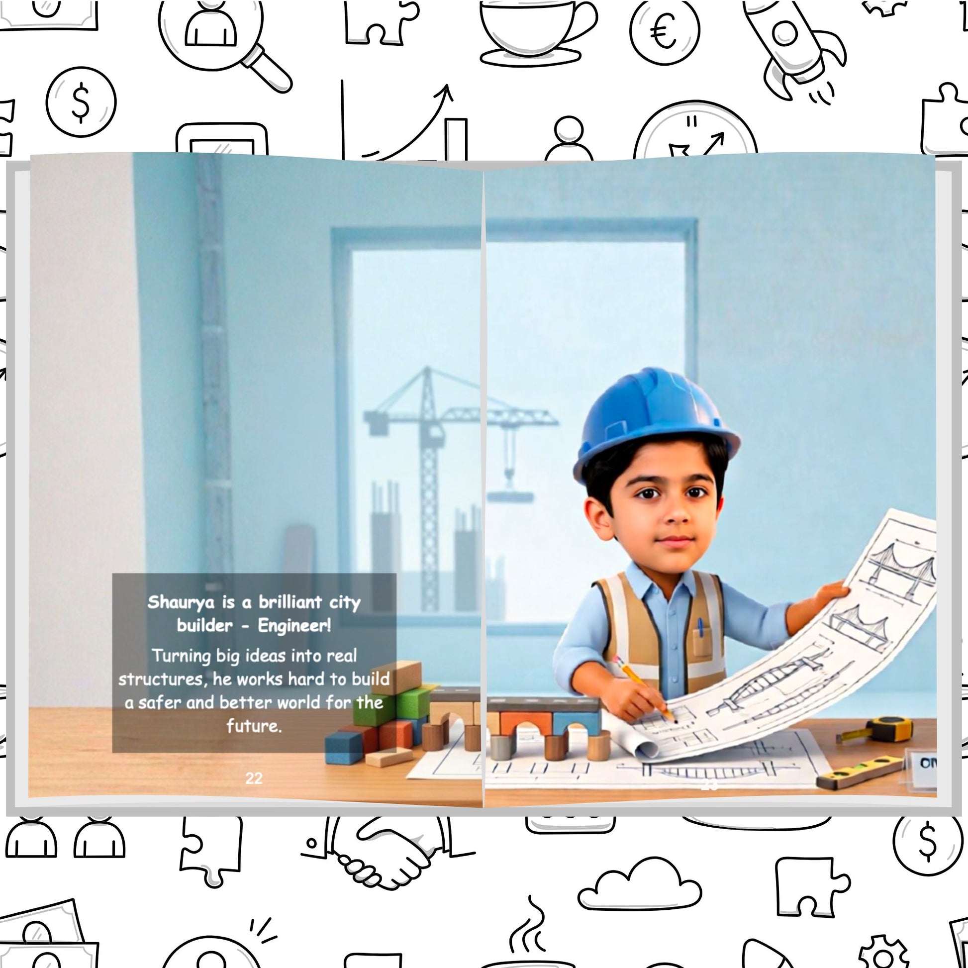 Personalized children's storybook page showing a boy as a creative engineer with blueprints and a hard hat — Dream Jobs When I Grow Up book by ARXprints