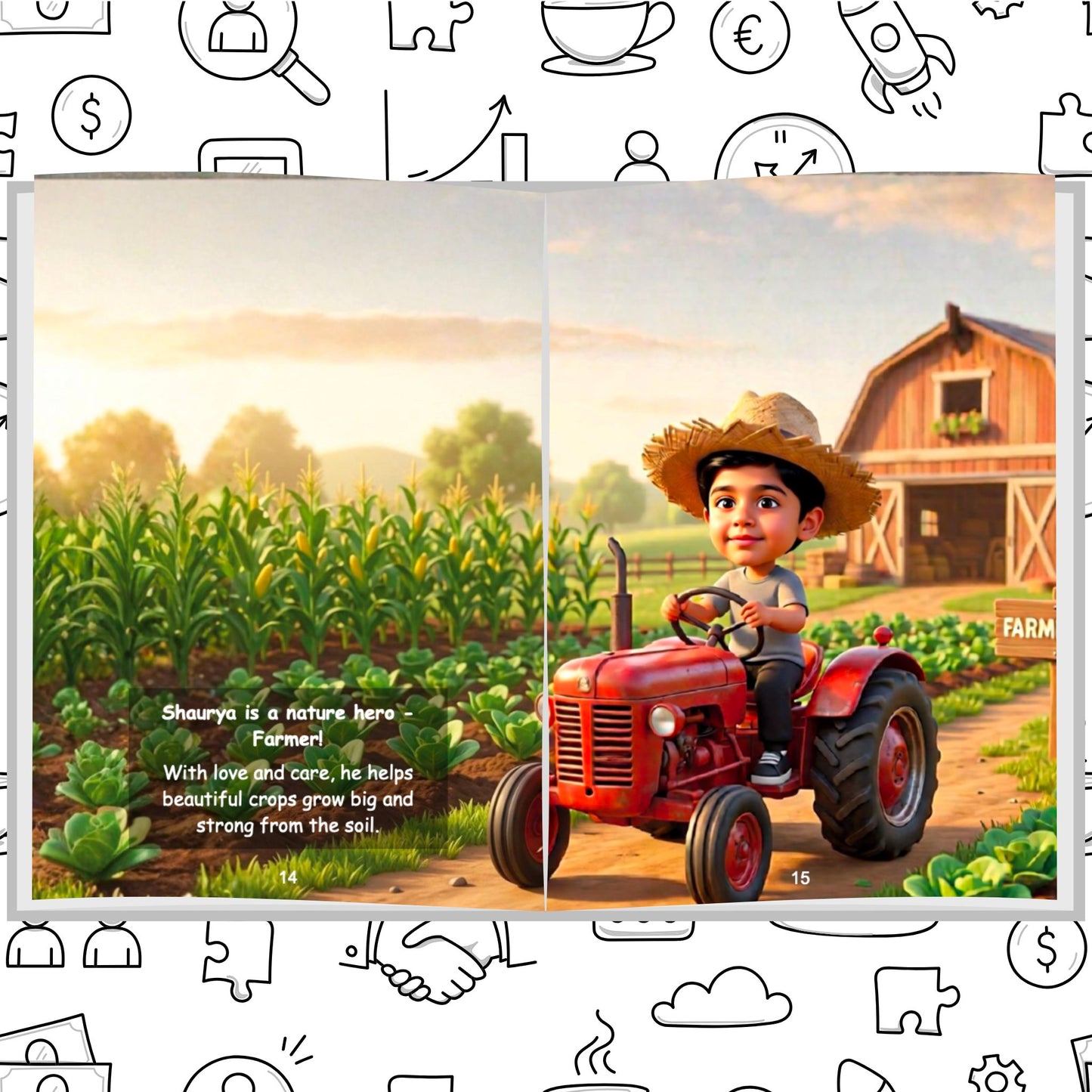 Personalized children's storybook page showing a boy as a farmer driving a red tractor — Dream Jobs When I Grow Up book by ARXprints