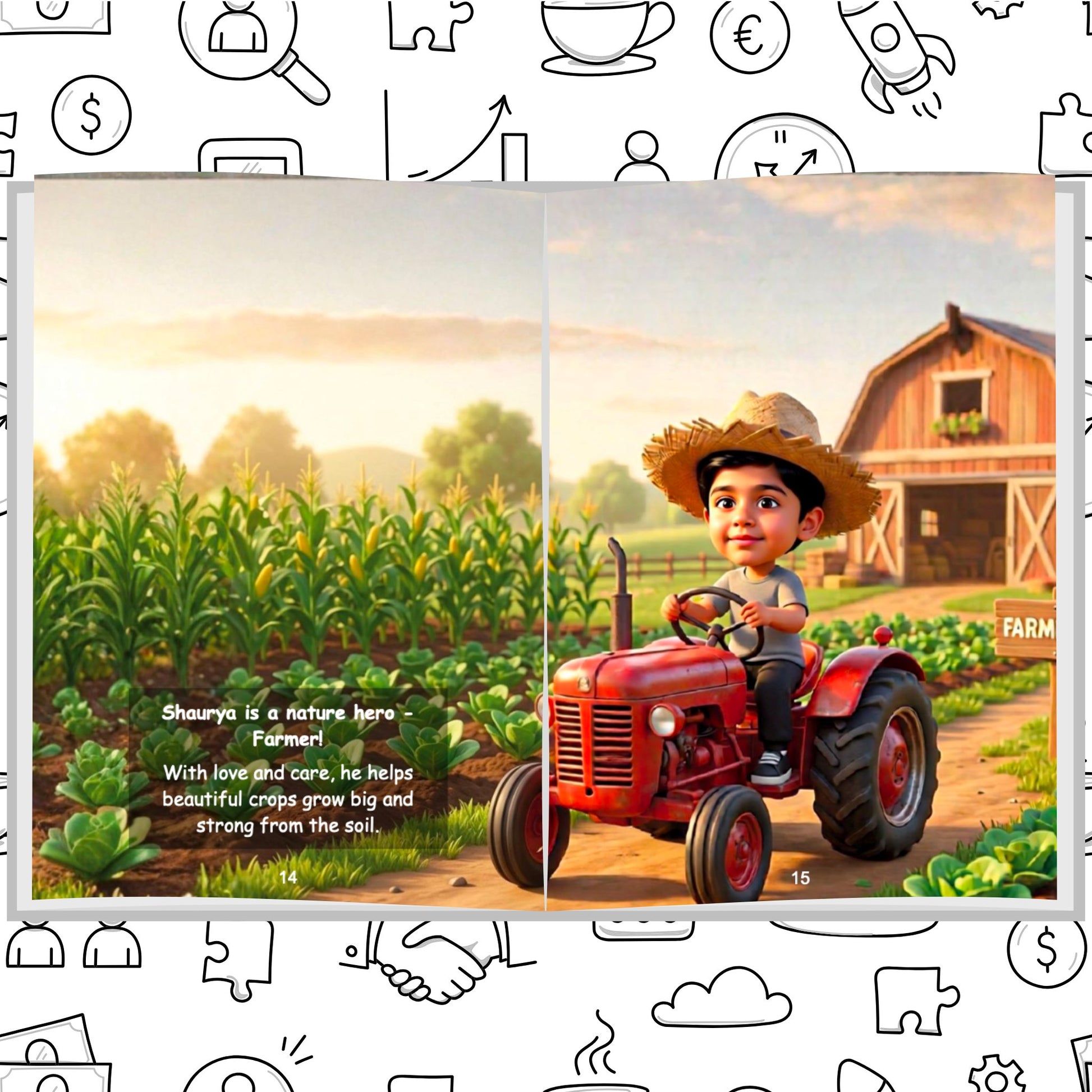 Personalized children's storybook page showing a boy as a farmer driving a red tractor — Dream Jobs When I Grow Up book by ARXprints