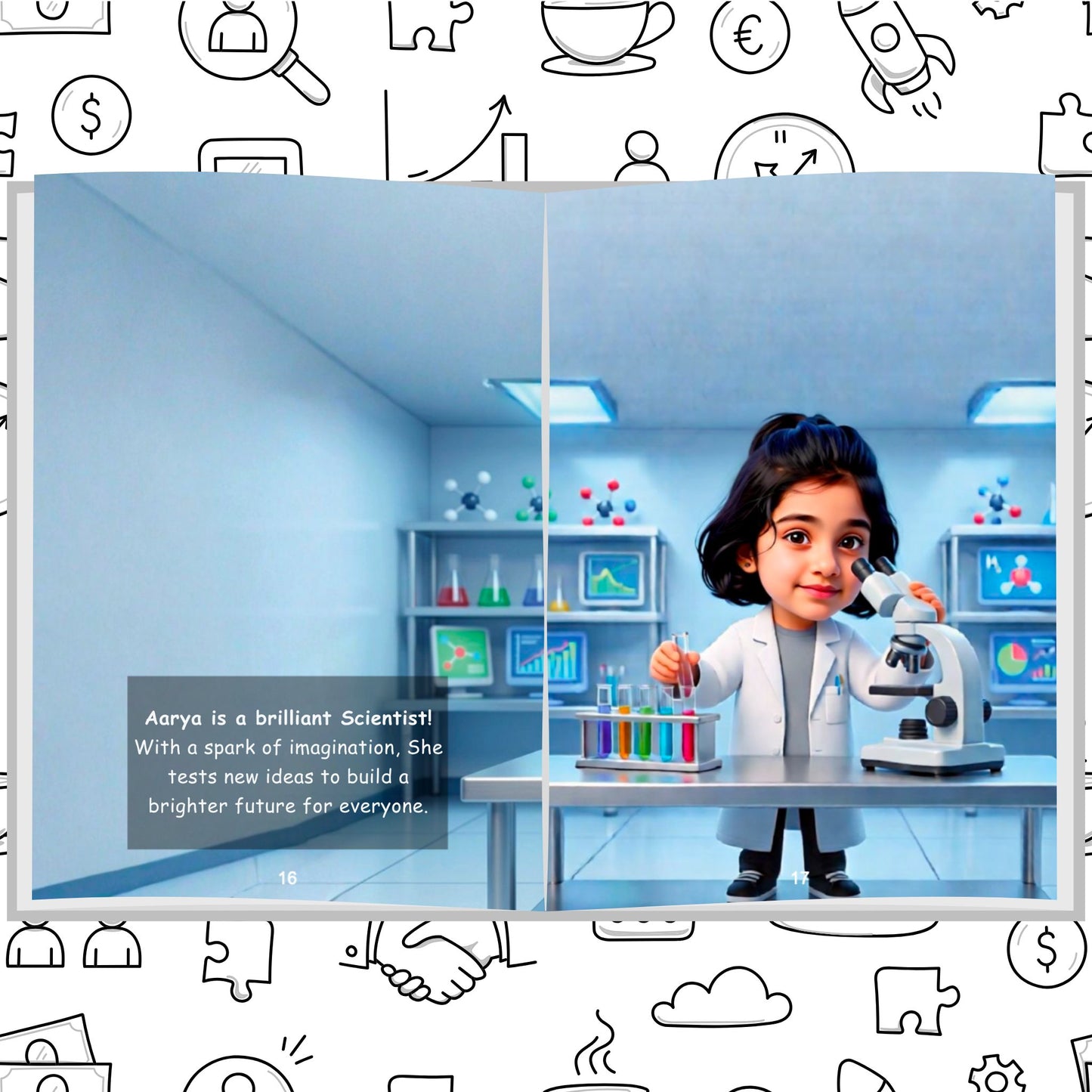 Personalized children's storybook page showing a girl as a curious scientist in a lab with a microscope — Dream Jobs When I Grow Up book by ARXprints