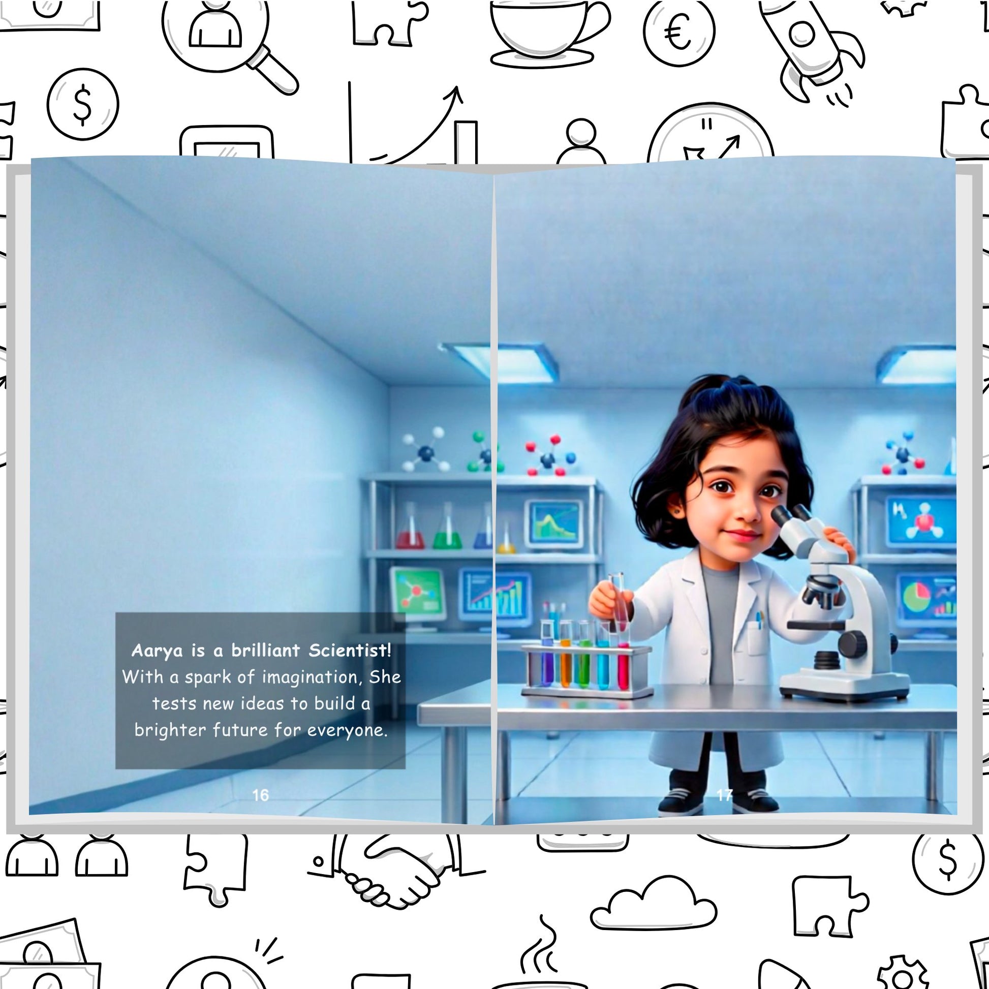 Personalized children's storybook page showing a girl as a curious scientist in a lab with a microscope — Dream Jobs When I Grow Up book by ARXprints