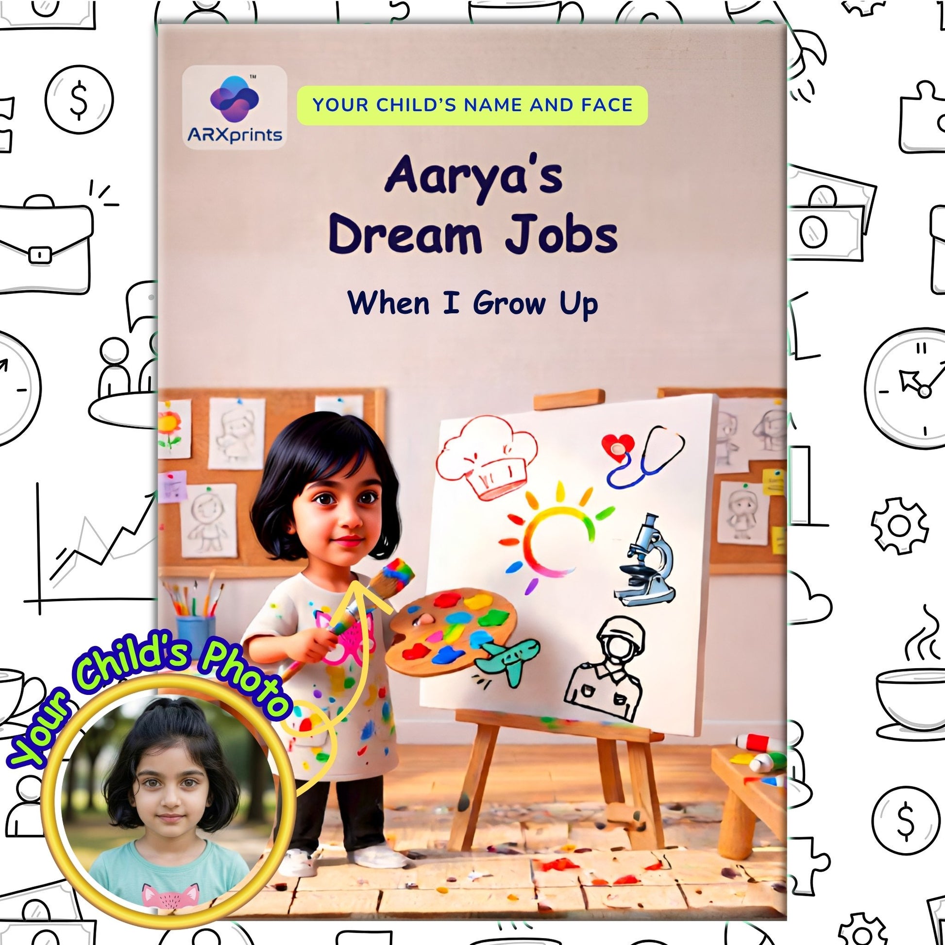 ARXprints Book cover titled 'Dream Jobs' - When I Grow Up with a girl holding a paintbrush and colorful canvas.