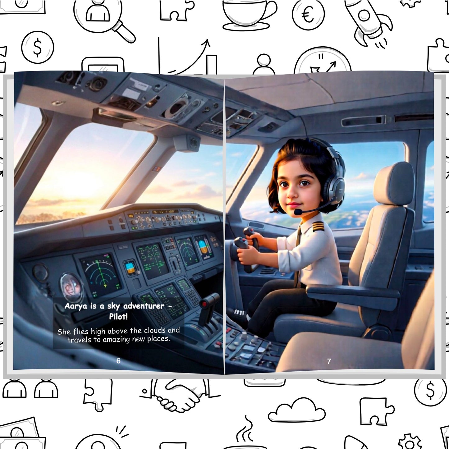 Personalized children's storybook page showing a girl as a fearless pilot in a cockpit — Dream Jobs When I Grow Up book by ARXprints